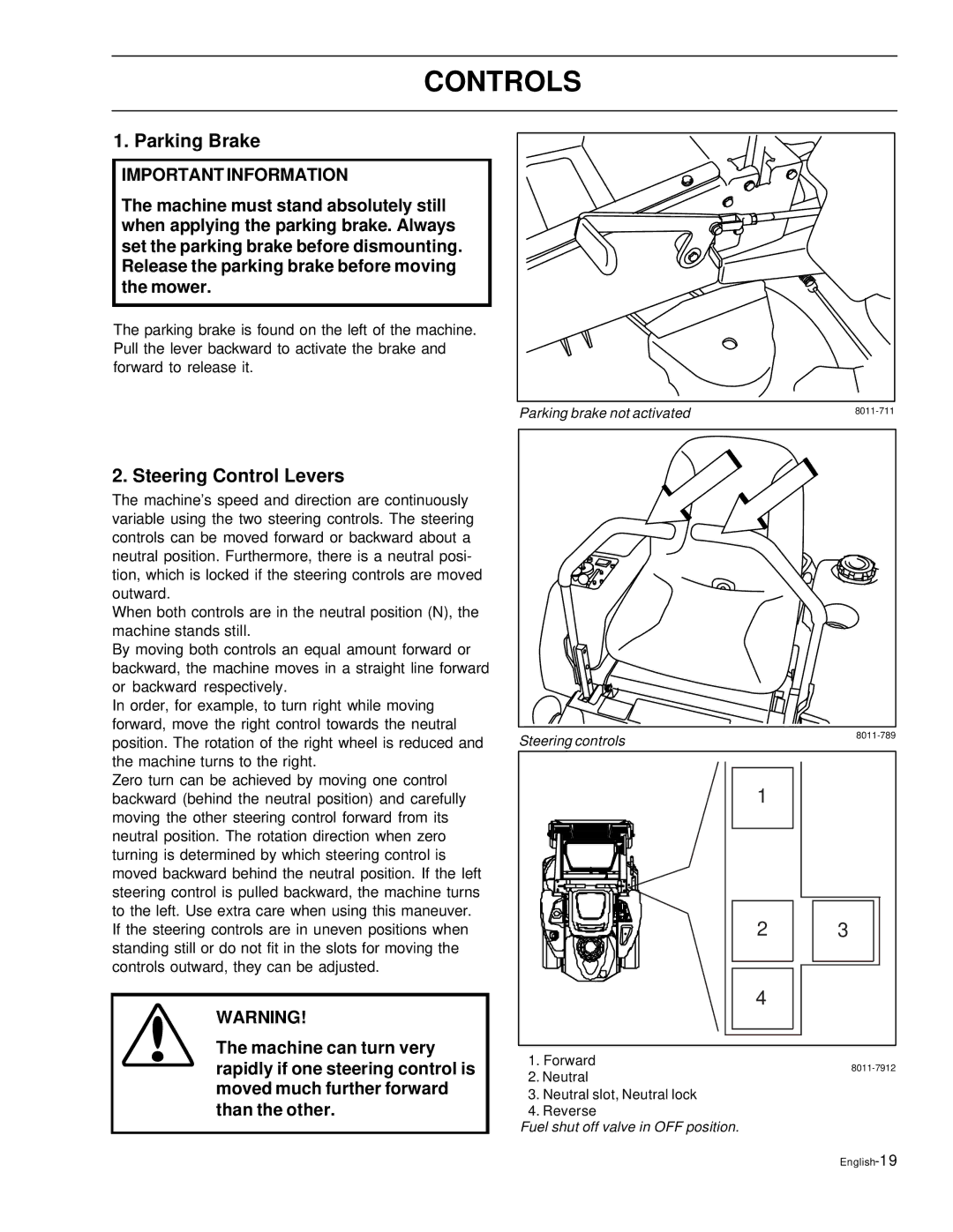 Husqvarna EZ4621, EZ6124, EZ5226, EZ4822, EZ4220 manual Parking Brake, Steering Control Levers 