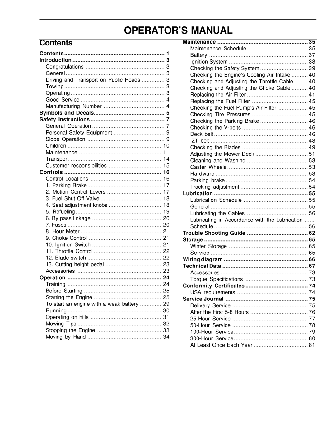 Husqvarna EZ4822, EZ6124, EZ5226, EZ4621, EZ4220 manual OPERATOR’S Manual, Contents 