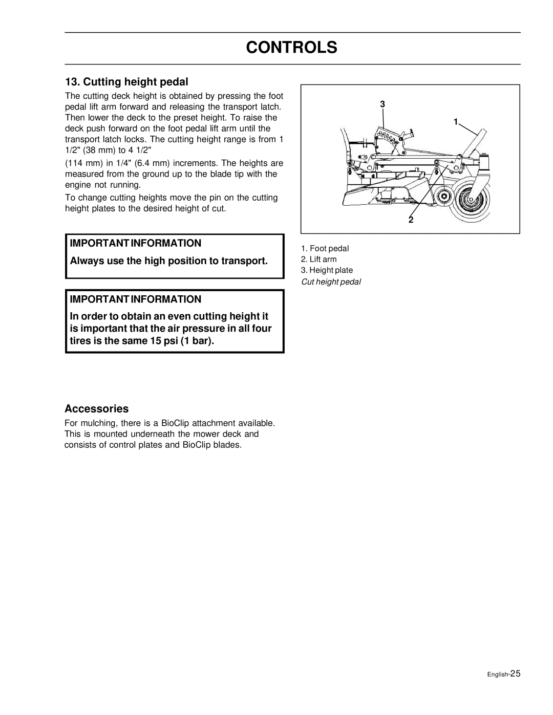 Husqvarna EZ4220, EZ6124, EZ5226, EZ4822, EZ4621 manual Cutting height pedal, Accessories 