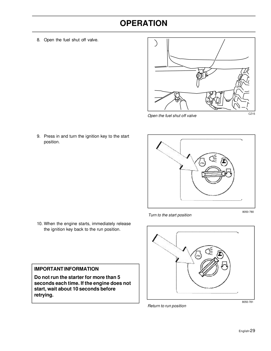 Husqvarna EZ4621, EZ6124, EZ5226, EZ4822, EZ4220 manual Open the fuel shut off valve 