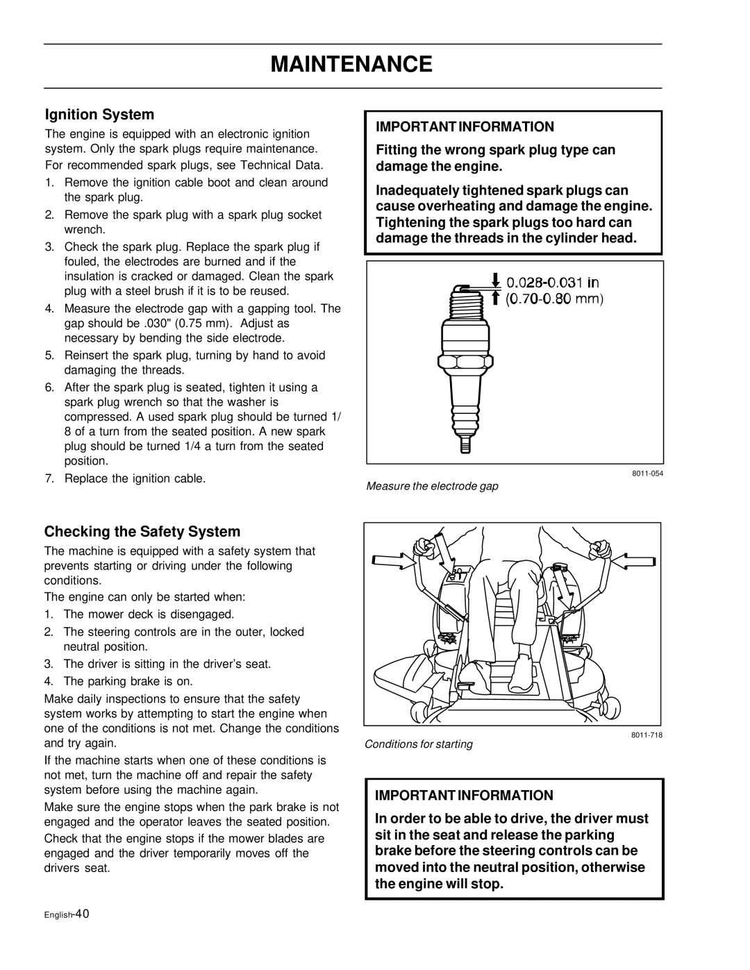 Husqvarna EZ4220, EZ6124, EZ5226, EZ4822, EZ4621 manual Ignition System, Checking the Safety System 