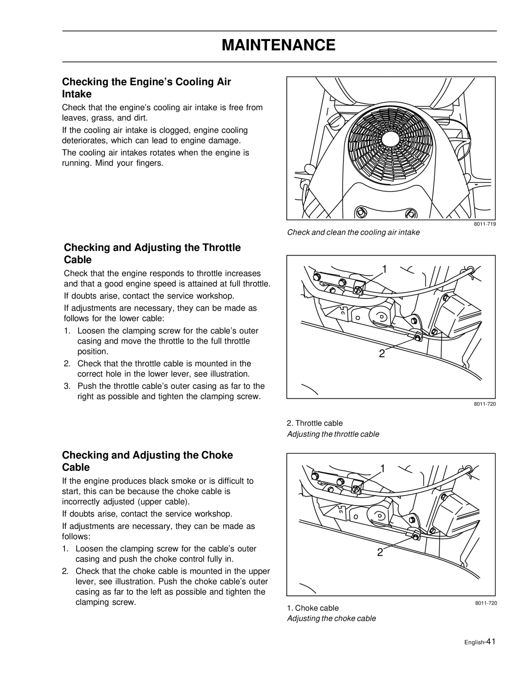 Husqvarna EZ6124, EZ5226, EZ4822, EZ4621 Checking the Engine’s Cooling Air Intake, Checking and Adjusting the Throttle Cable 