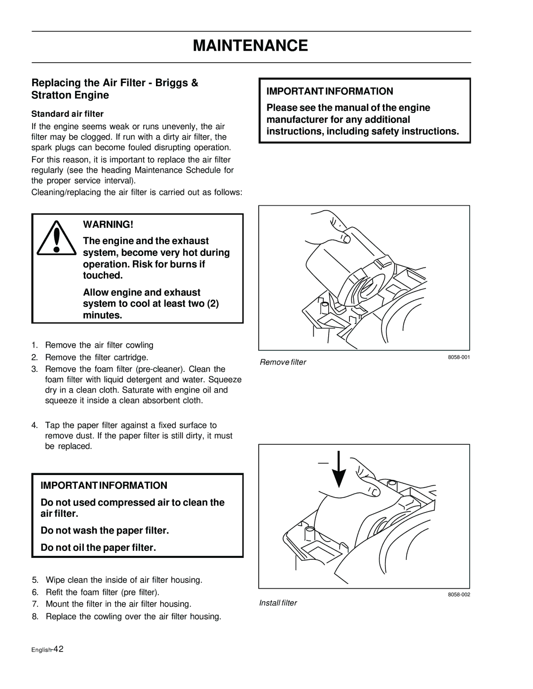 Husqvarna EZ5226, EZ6124, EZ4822, EZ4621, EZ4220 manual Replacing the Air Filter Briggs & Stratton Engine, Standard air filter 