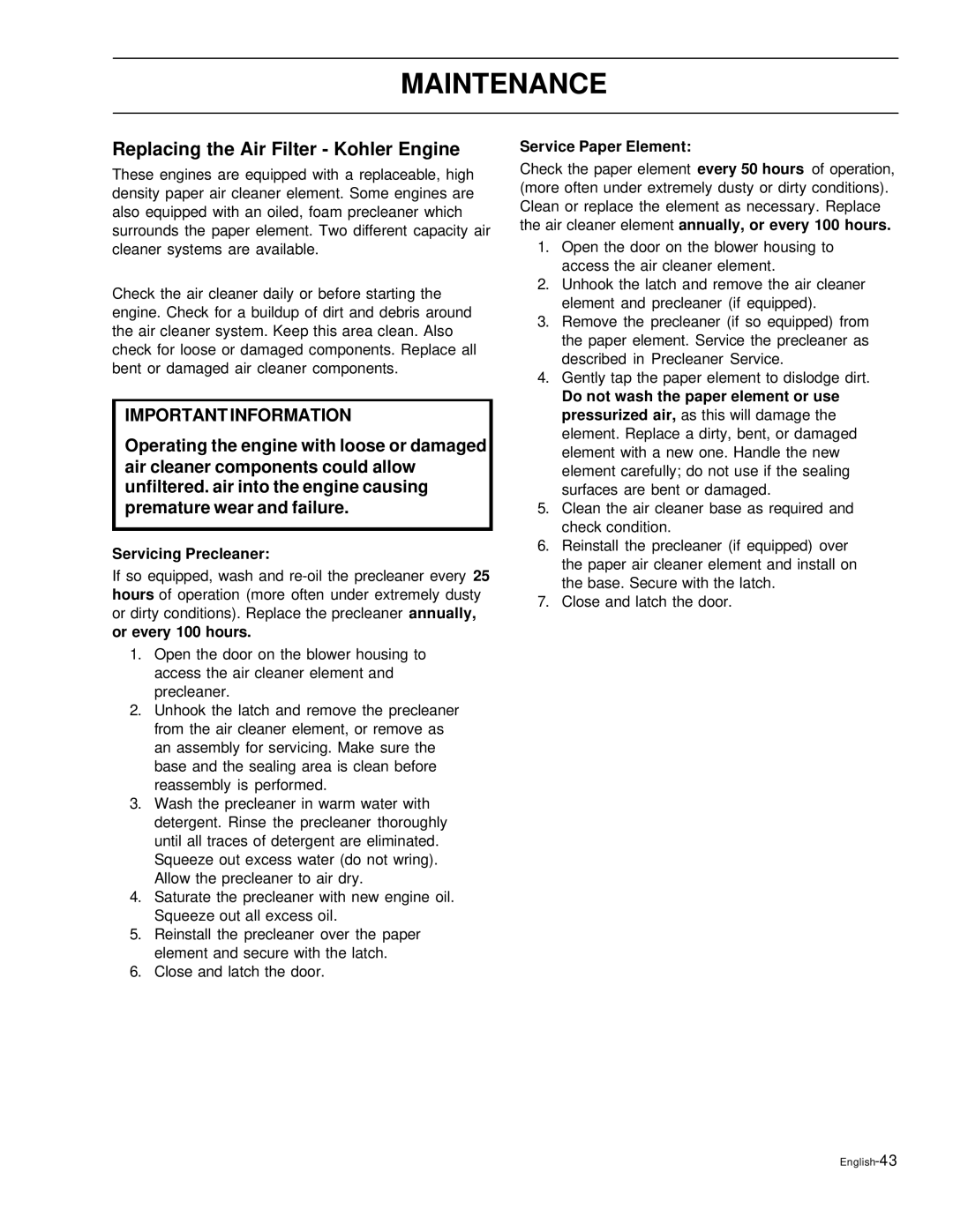 Husqvarna EZ4822, EZ6124, EZ5226, EZ4621 Replacing the Air Filter Kohler Engine, Servicing Precleaner, Service Paper Element 