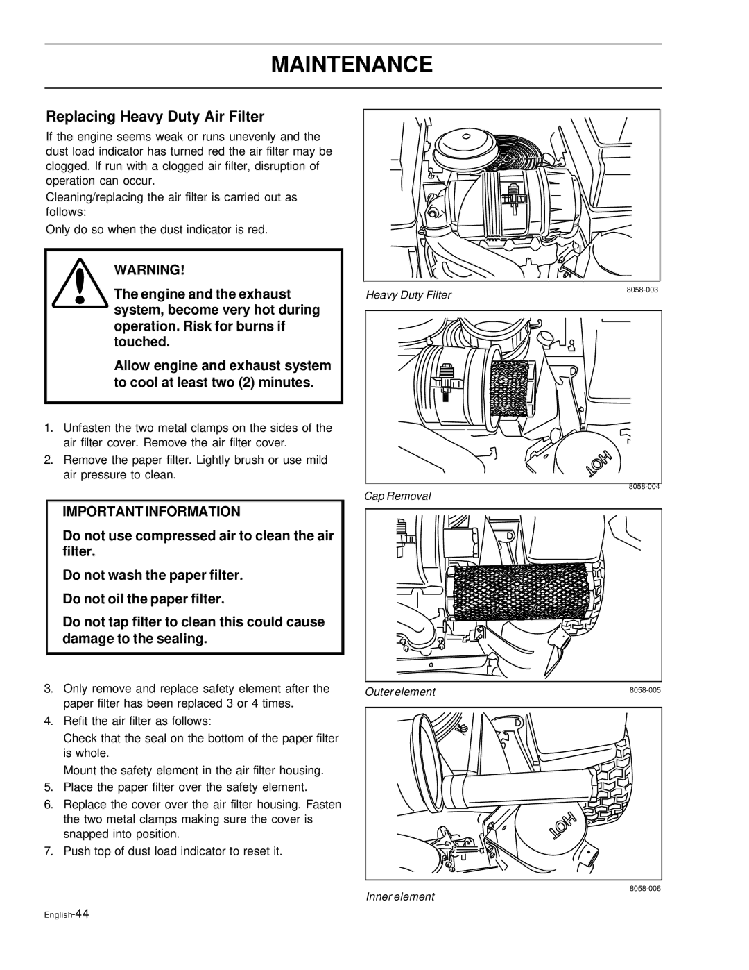 Husqvarna EZ4621, EZ6124, EZ5226, EZ4822, EZ4220 manual Replacing Heavy Duty Air Filter 