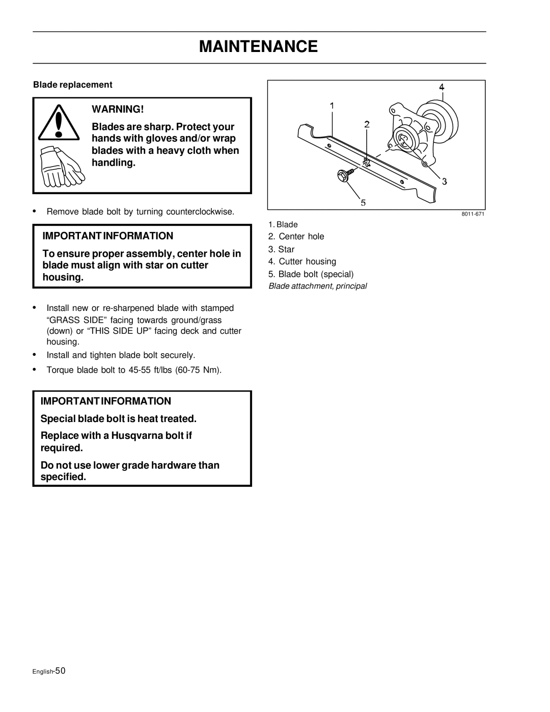 Husqvarna EZ4220, EZ6124, EZ5226, EZ4822, EZ4621 manual Blade replacement 