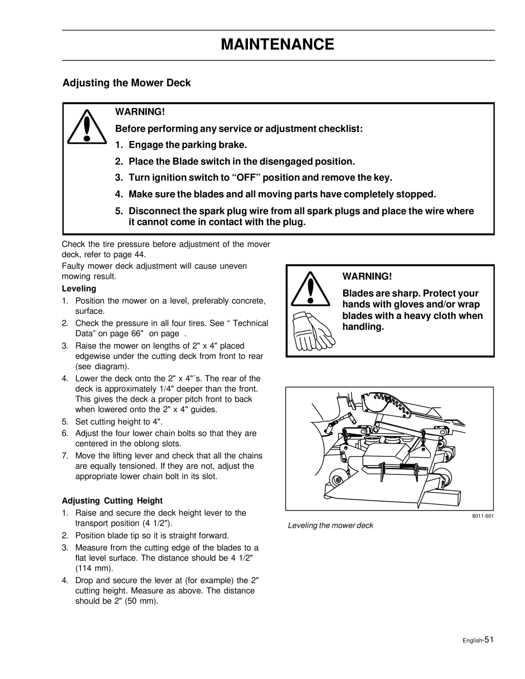 Husqvarna EZ6124, EZ5226, EZ4822, EZ4621, EZ4220 manual Adjusting the Mower Deck, Leveling, Adjusting Cutting Height 