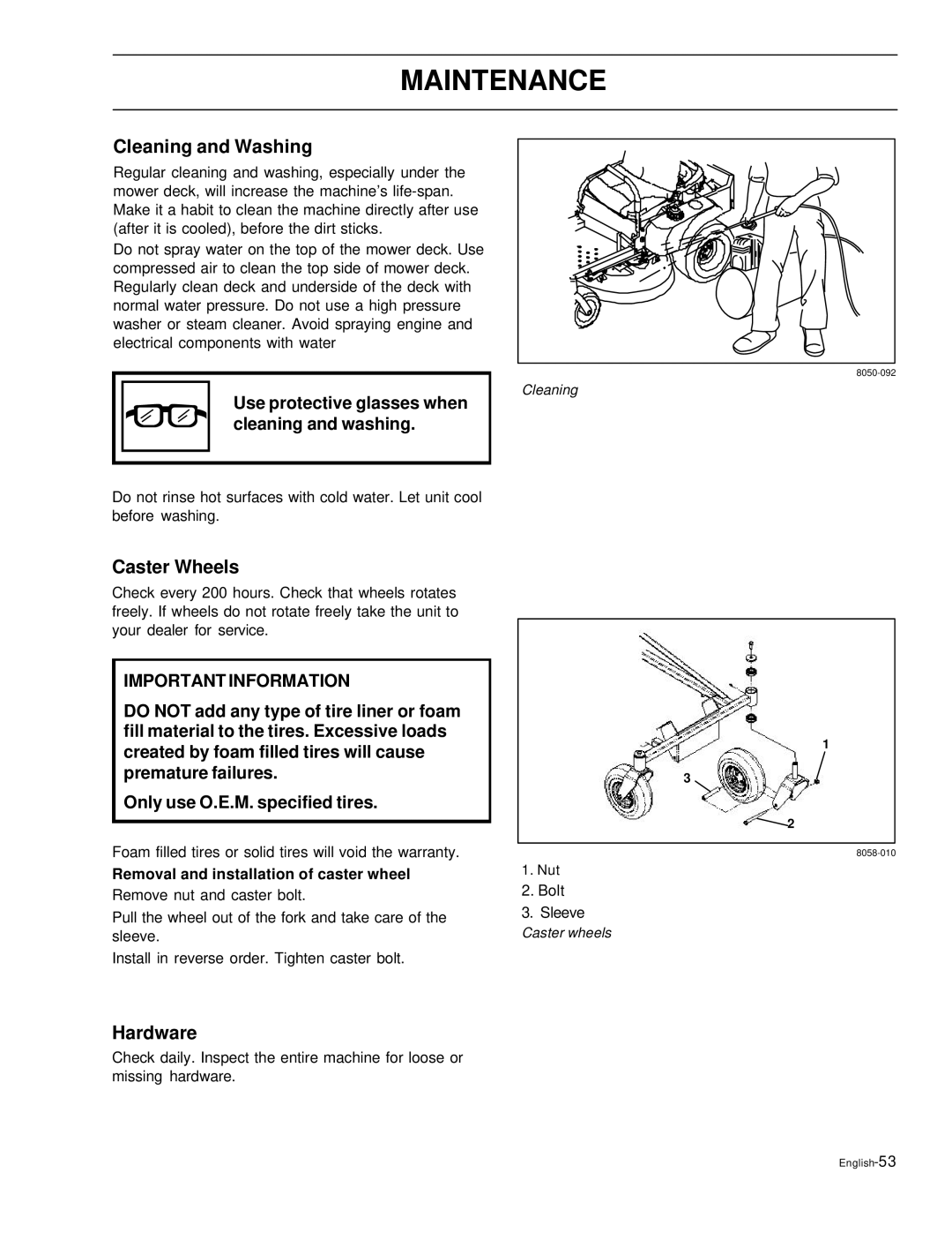 Husqvarna EZ4822, EZ6124, EZ5226 Cleaning and Washing, Caster Wheels, Hardware, Removal and installation of caster wheel 