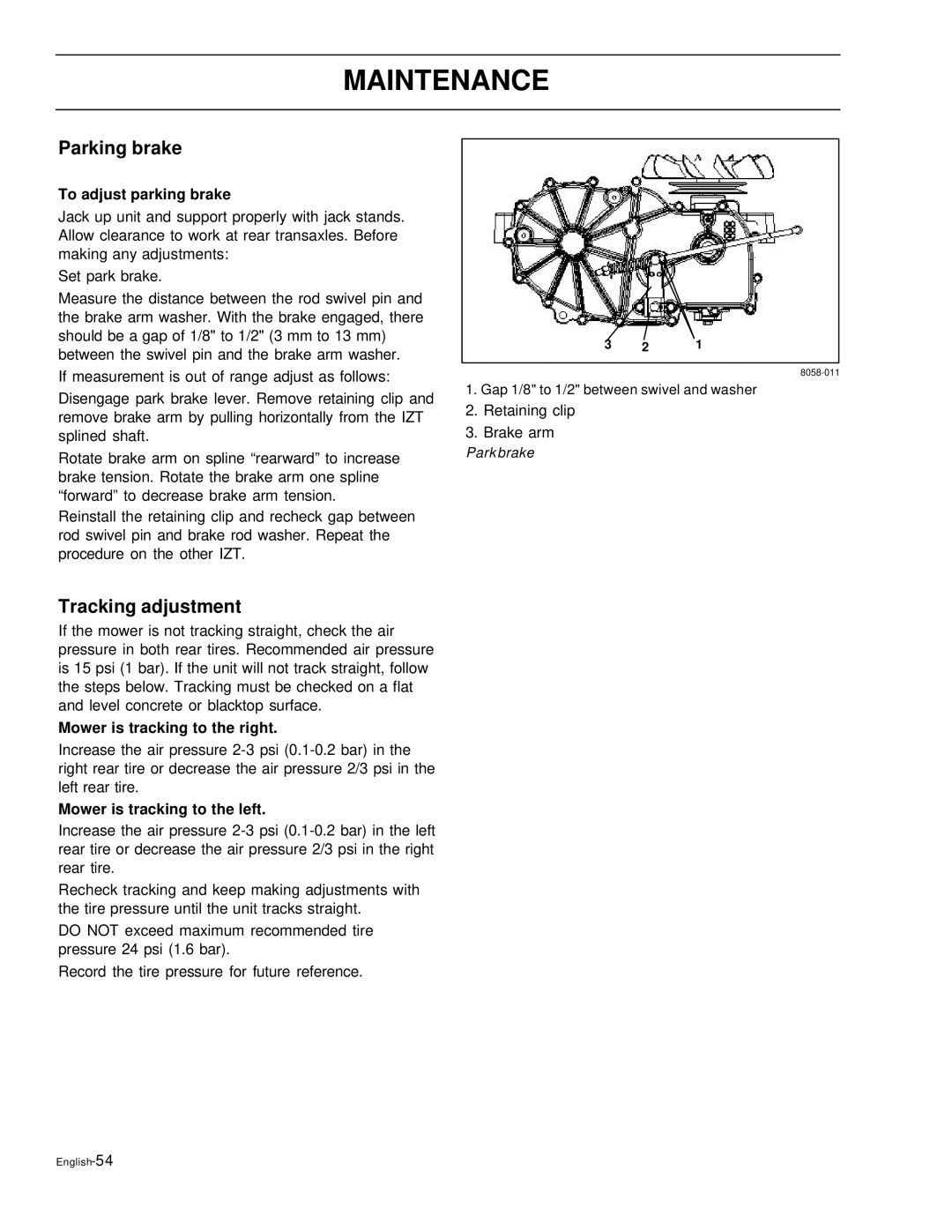 Husqvarna EZ4621, EZ6124, EZ5226, EZ4822, EZ4220 Tracking adjustment, To adjust parking brake, Mower is tracking to the right 