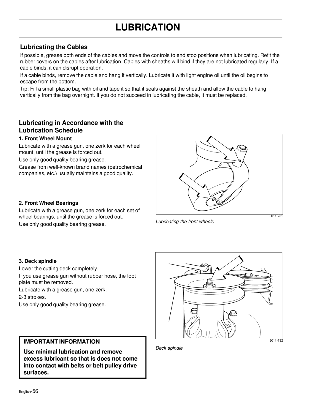 Husqvarna EZ6124 manual Lubricating the Cables, Lubricating in Accordance with the Lubrication Schedule, Front Wheel Mount 