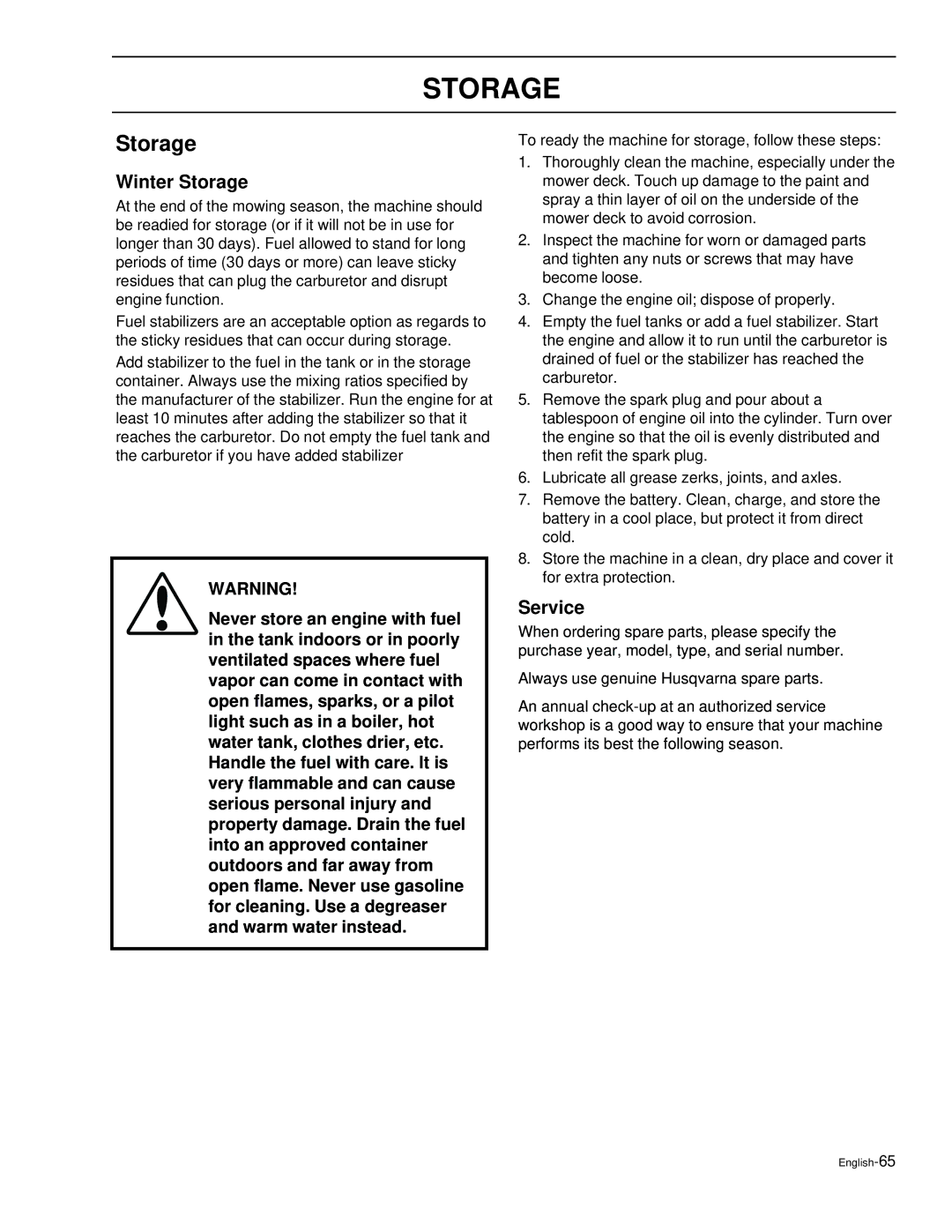 Husqvarna EZ4220, EZ6124, EZ5226, EZ4822, EZ4621 manual Winter Storage, Service 