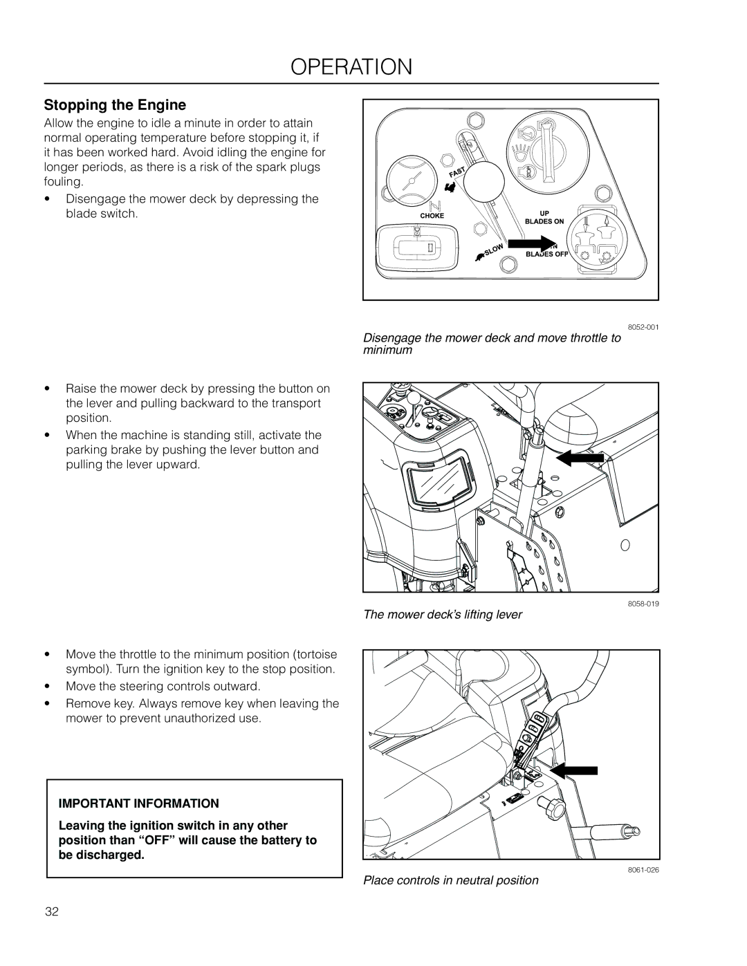 Husqvarna EZC4824BF / 966047501, EZ5224BF / 966495901, EZ5224 / 966038301, EZ4824K / 966038201 manual Stopping the Engine 