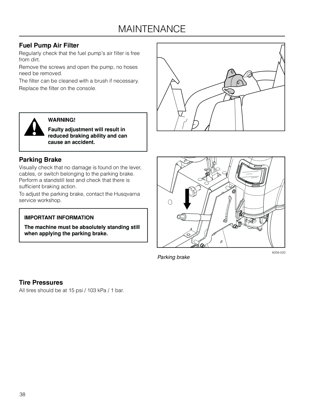 Husqvarna EZ5224 / 966038301, EZC4824BF / 966047501, EZ5224BF / 966495901 manual Fuel Pump Air Filter, Tire Pressures 