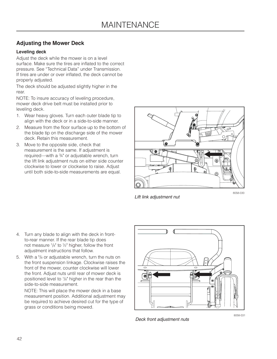 Husqvarna EZ5224 / 966038301, EZC4824BF / 966047501, EZ5224BF / 966495901 manual Adjusting the Mower Deck, Leveling deck 