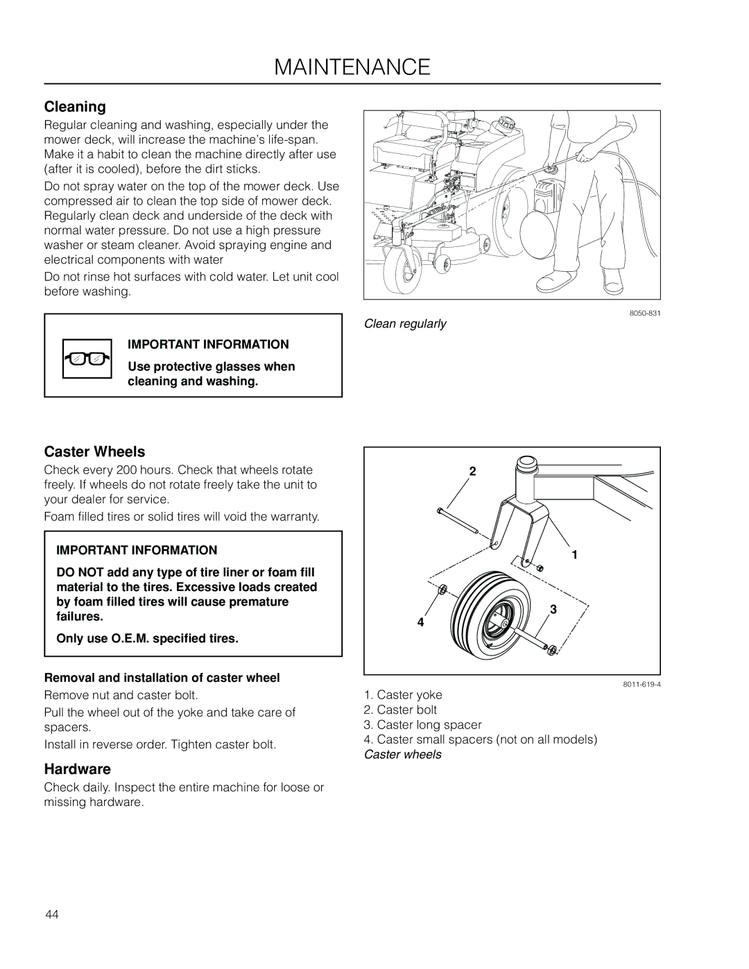 Husqvarna EZC4824BF / 966047501 manual Cleaning, Caster Wheels, Hardware, Use protective glasses when cleaning and washing 