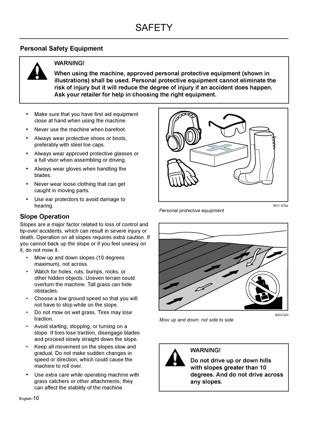 Husqvarna EZF 3417/ 965879301 manual Personal Safety Equipment, Slope Operation 