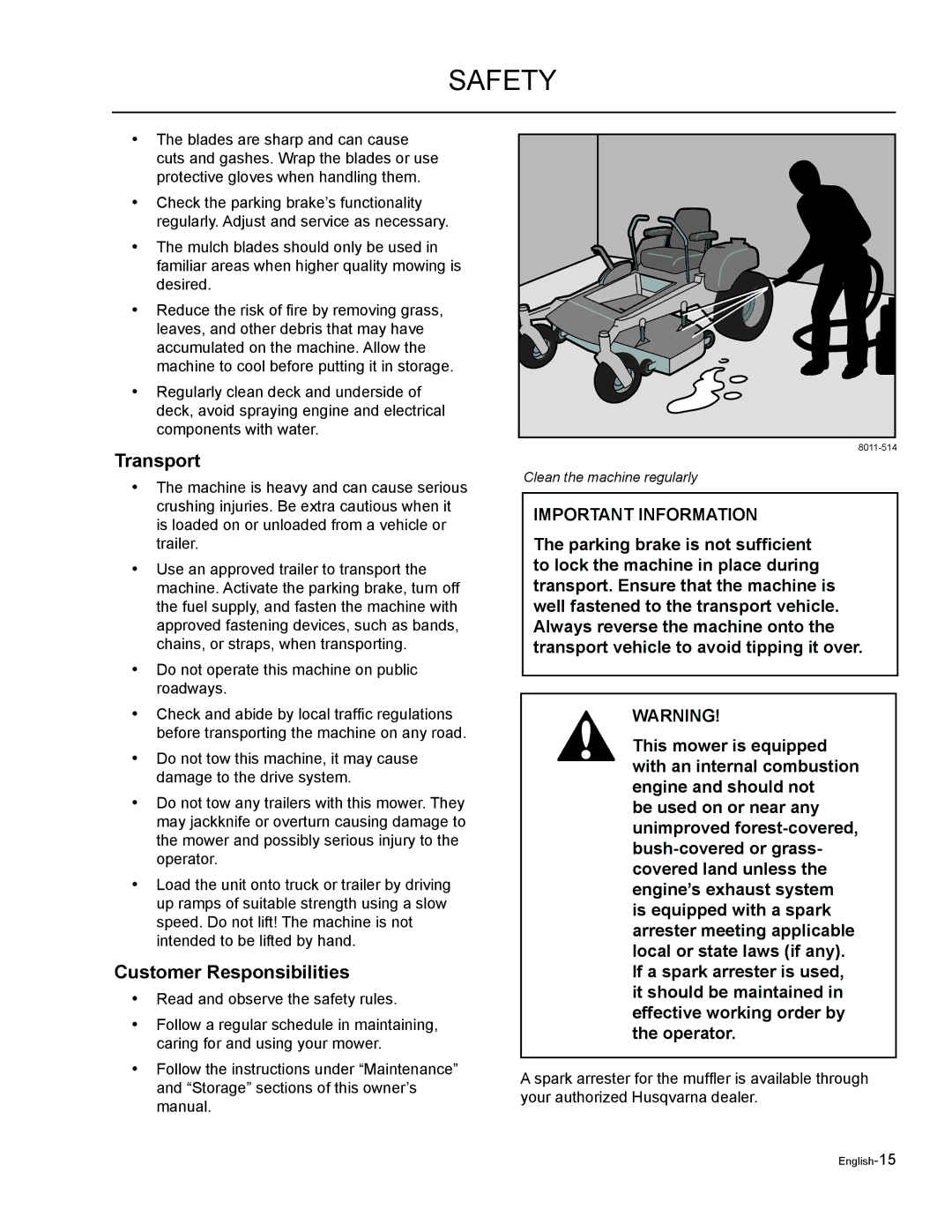 Husqvarna EZF 3417/ 965879301 manual Transport, Customer Responsibilities 