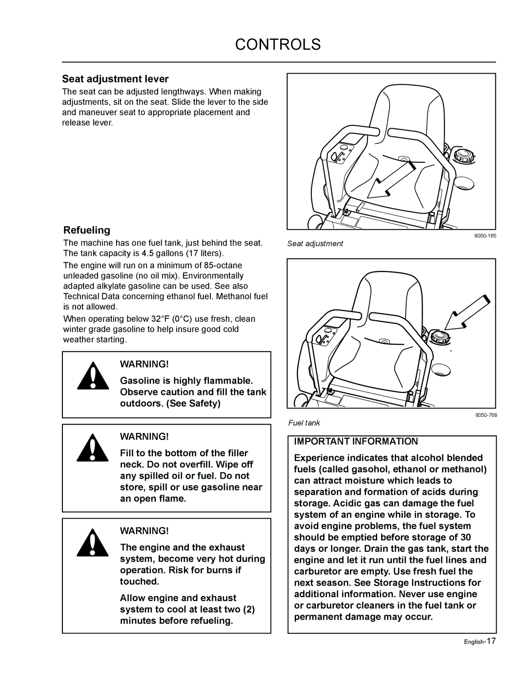 Husqvarna EZF 3417/ 965879301 manual Seat adjustment lever, Refueling 