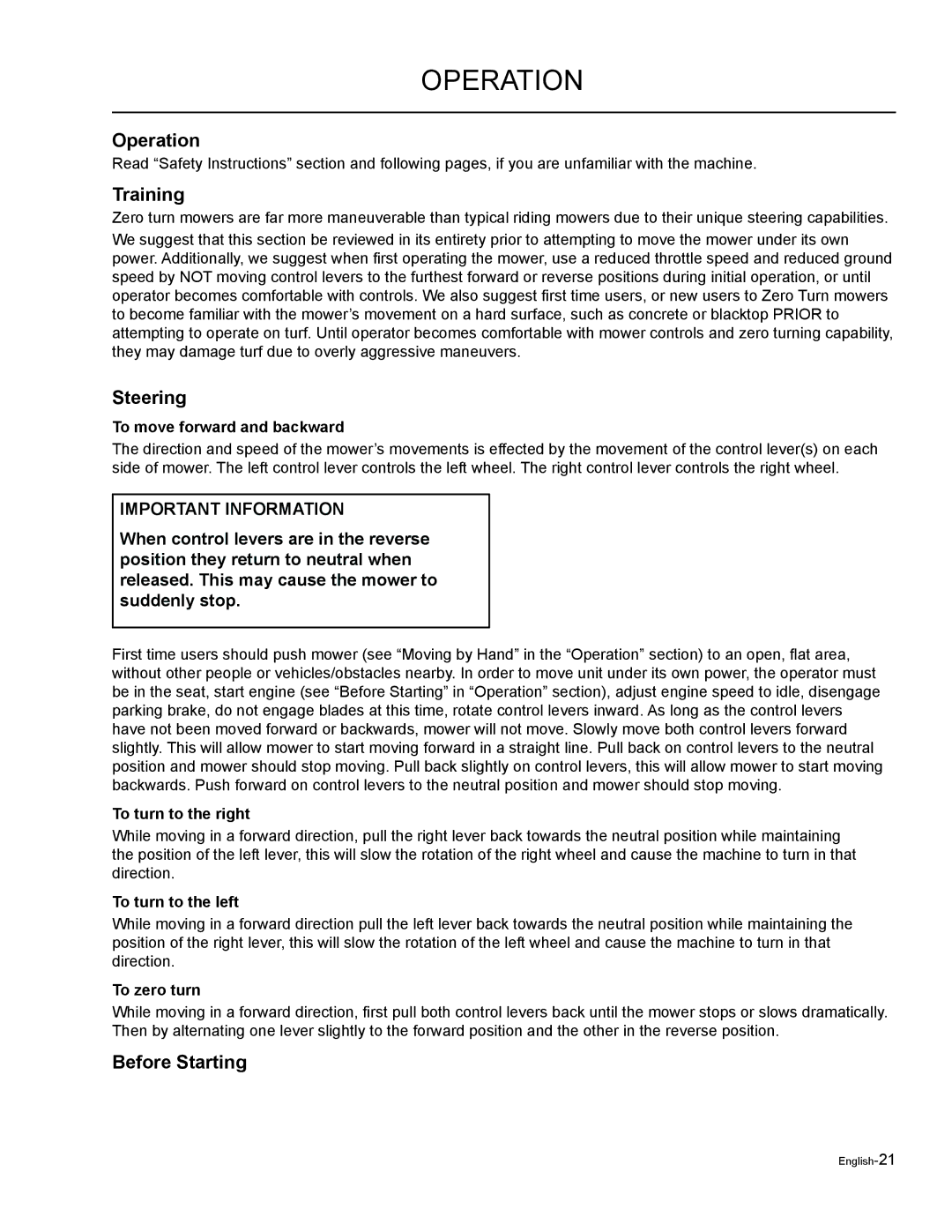 Husqvarna EZF 3417/ 965879301 manual Operation, Training, Steering, Before Starting 