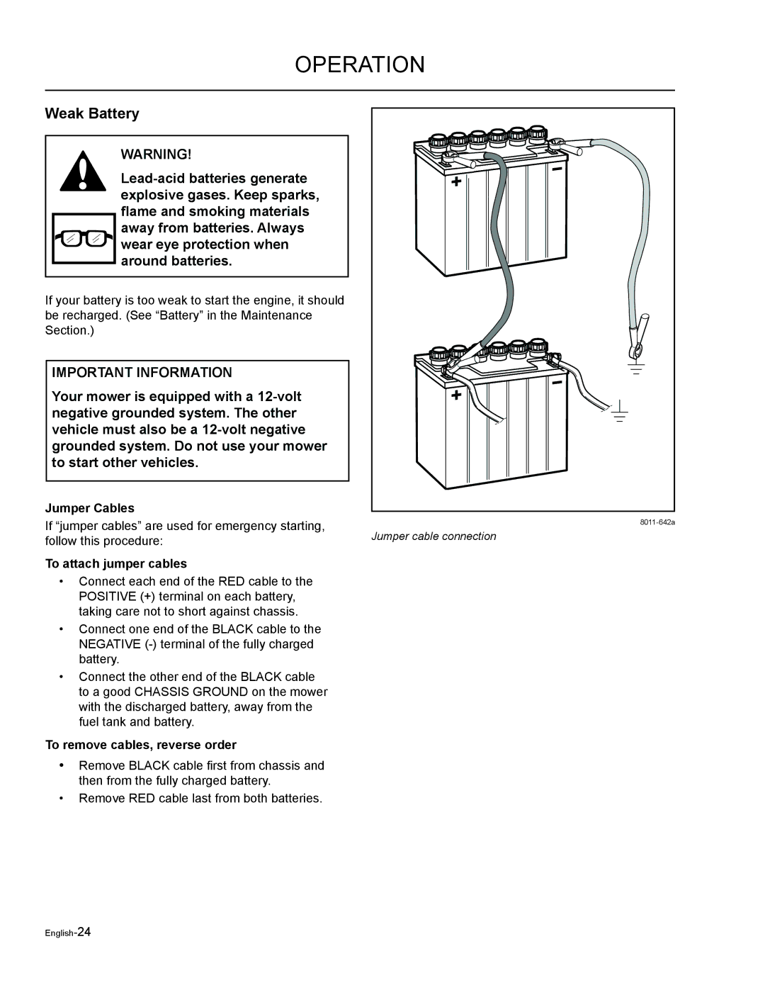 Husqvarna EZF 3417/ 965879301 manual Weak Battery, Follow this procedure, To attach jumper cables 