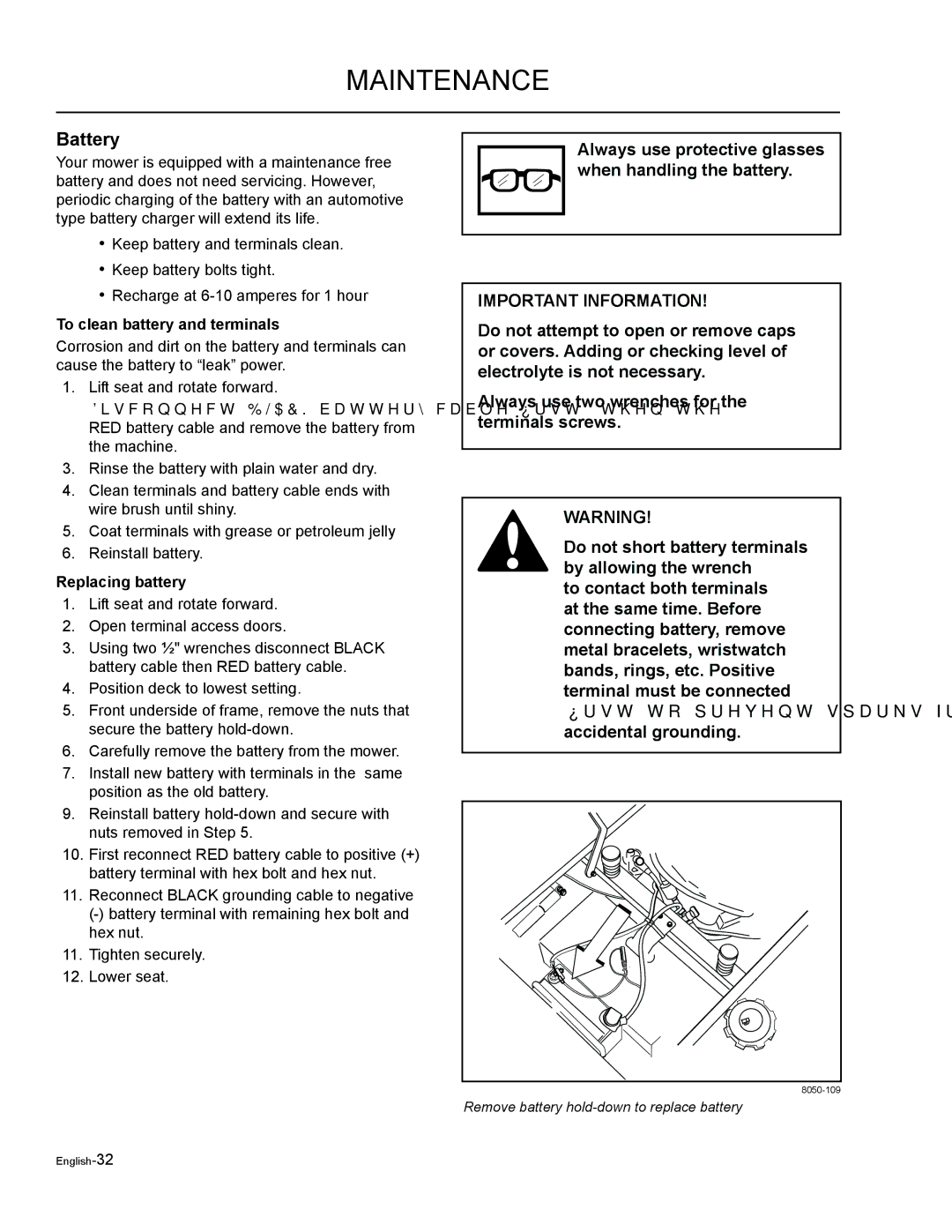 Husqvarna EZF 3417/ 965879301 manual Battery, To clean battery and terminals, Replacing battery 