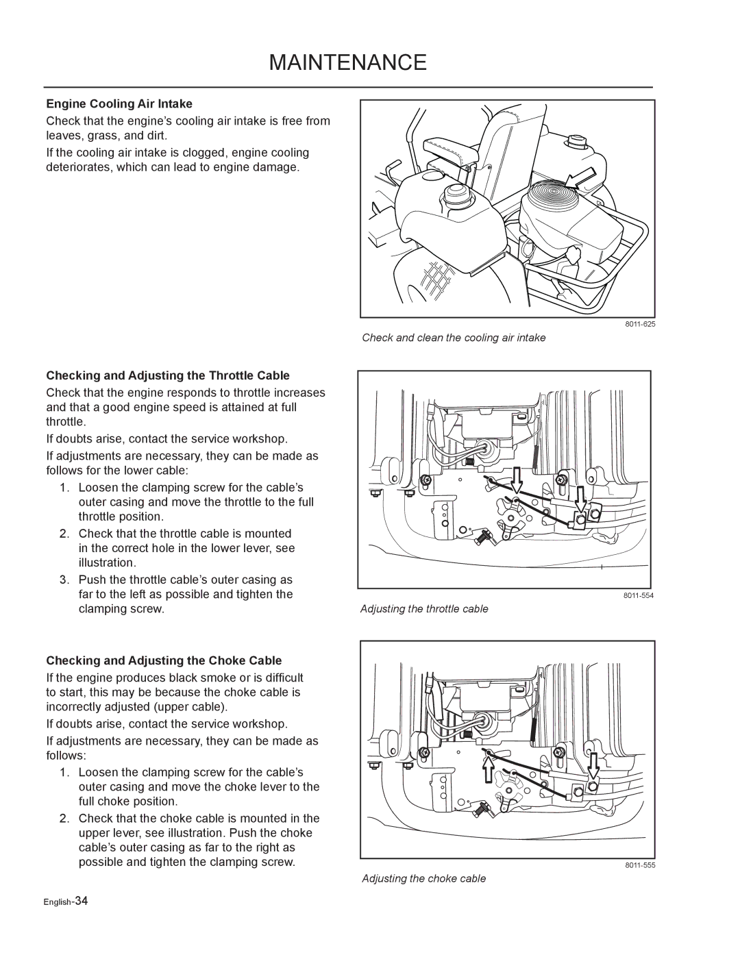 Husqvarna EZF 3417/ 965879301 manual Engine Cooling Air Intake, Checking and Adjusting the Throttle Cable 