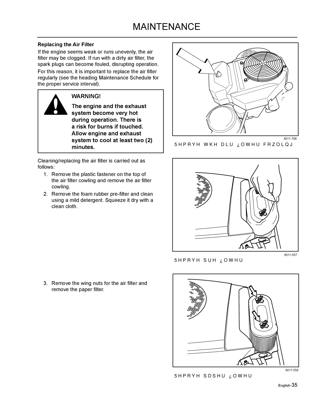 Husqvarna EZF 3417/ 965879301 manual Replacing the Air Filter 