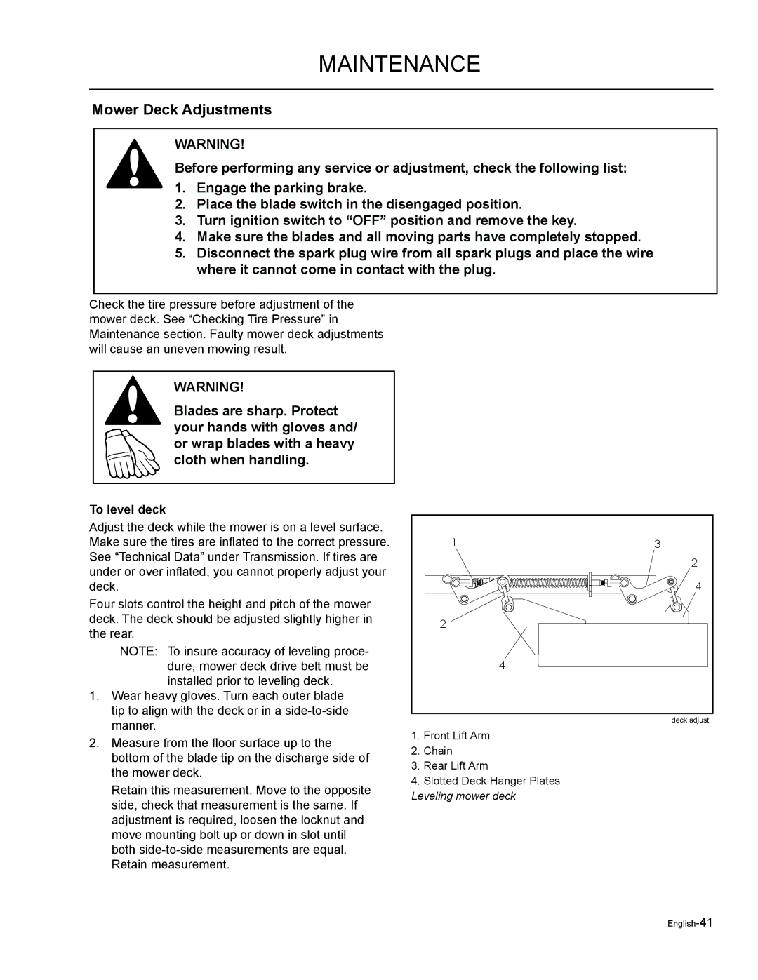 Husqvarna EZF 3417/ 965879301 manual Mower Deck Adjustments, To level deck 