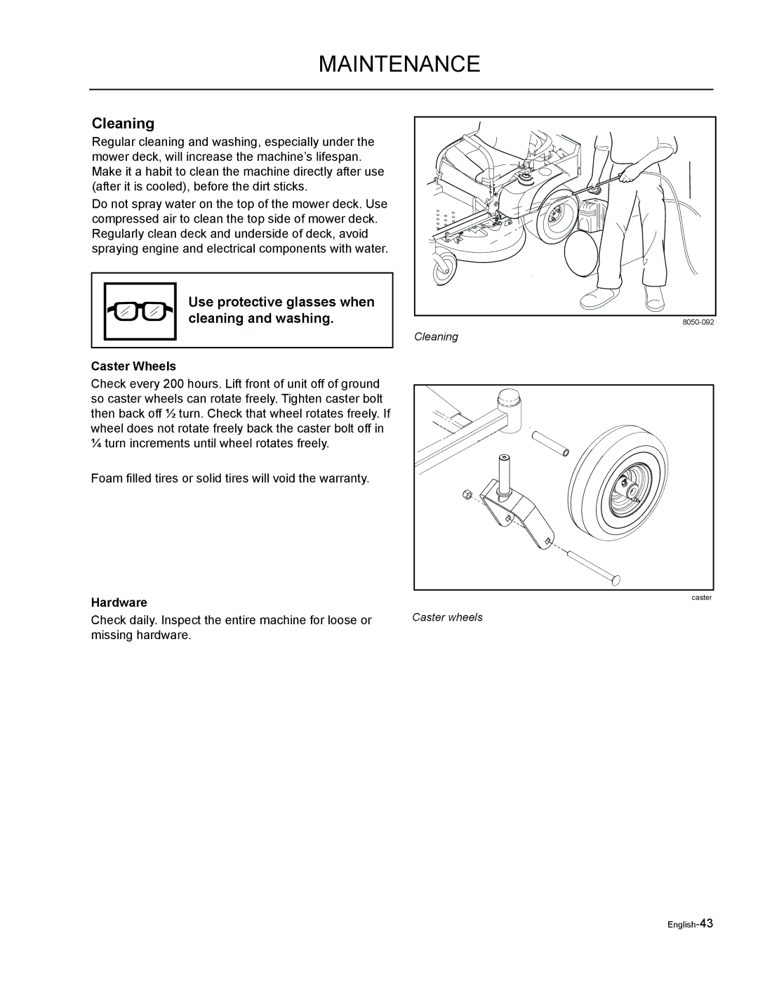 Husqvarna EZF 3417/ 965879301 manual Cleaning, Caster Wheels, Hardware 