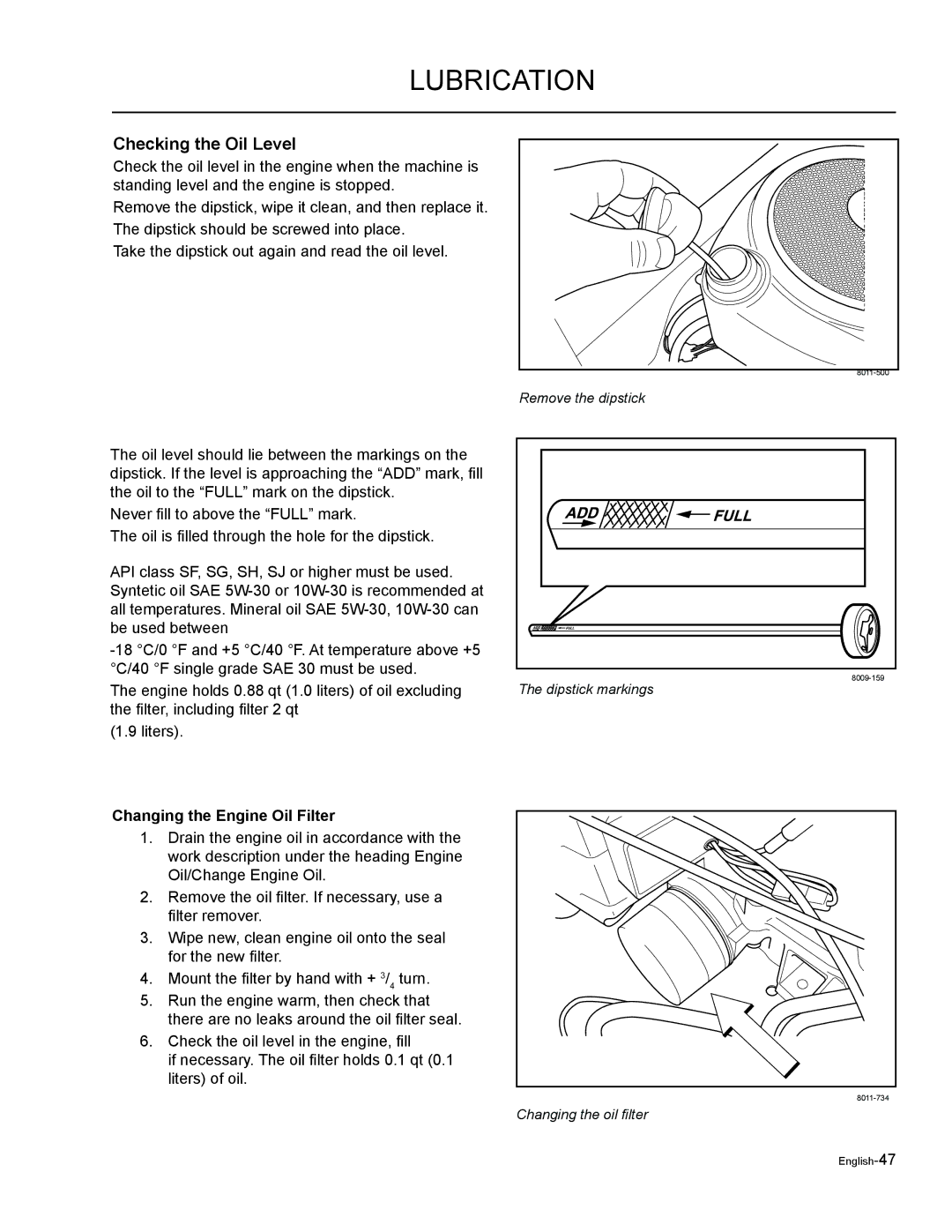 Husqvarna EZF 3417/ 965879301 manual Checking the Oil Level, Changing the Engine Oil Filter 