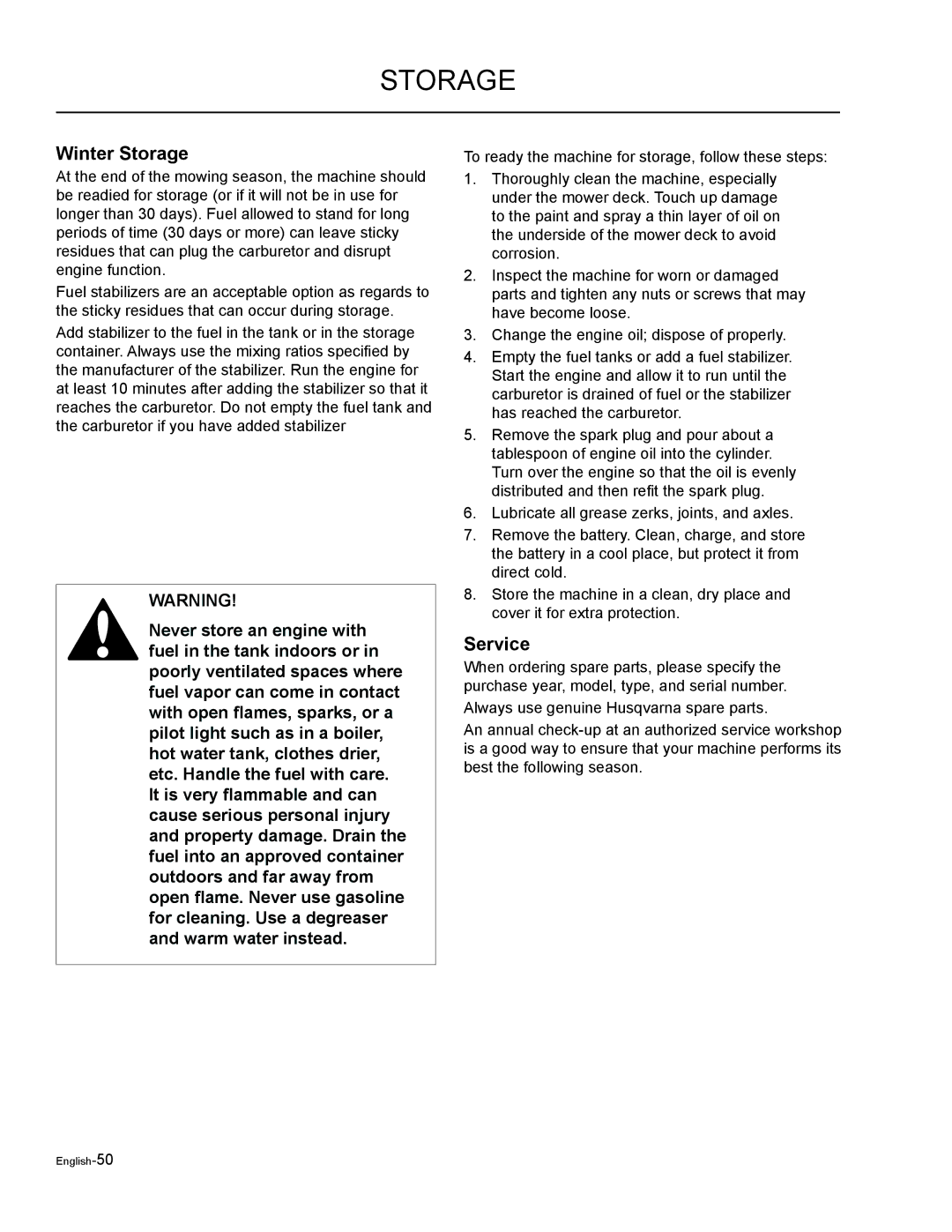 Husqvarna EZF 3417/ 965879301 manual Winter Storage, Service 