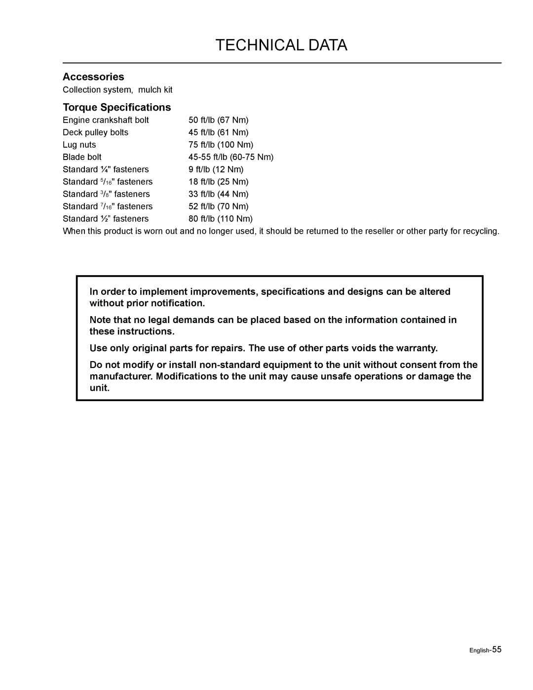 Husqvarna EZF 3417/ 965879301 manual Accessories, Torque Specifications 