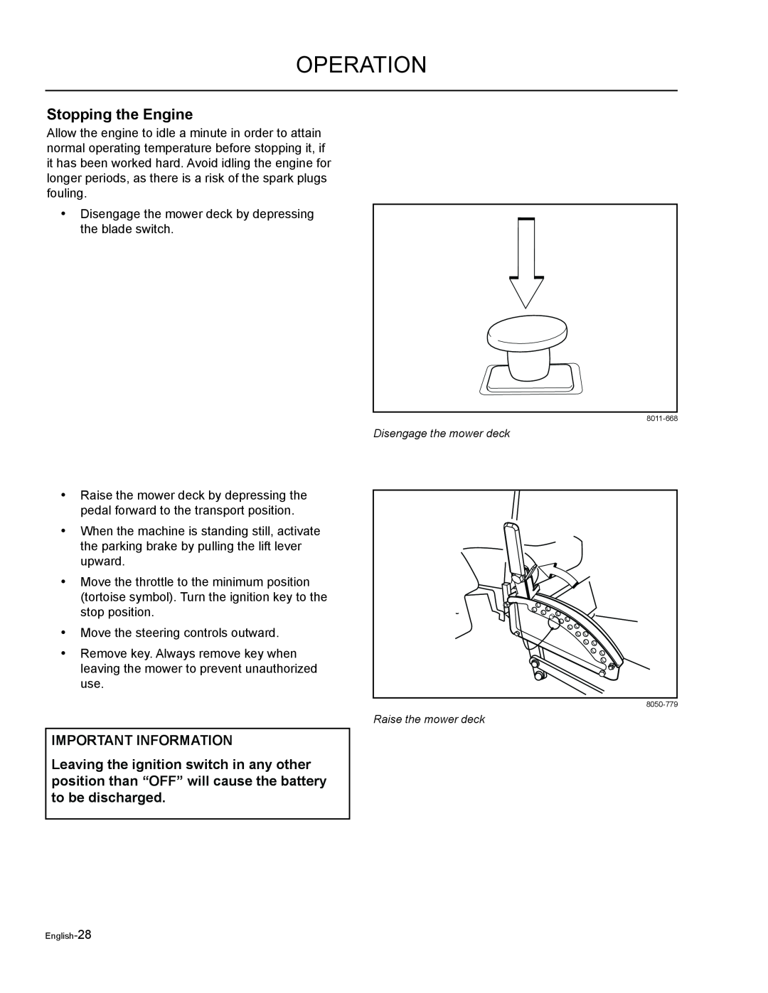 Husqvarna EZF 3417/ 965879301 manual Stopping the Engine, operation, Important Information 