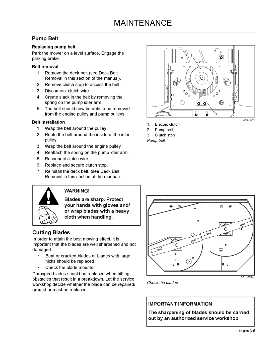 Husqvarna EZF 3417/ 965879301 manual Pump Belt, Cutting Blades, Maintenance, Important Information, Replacing pump belt 