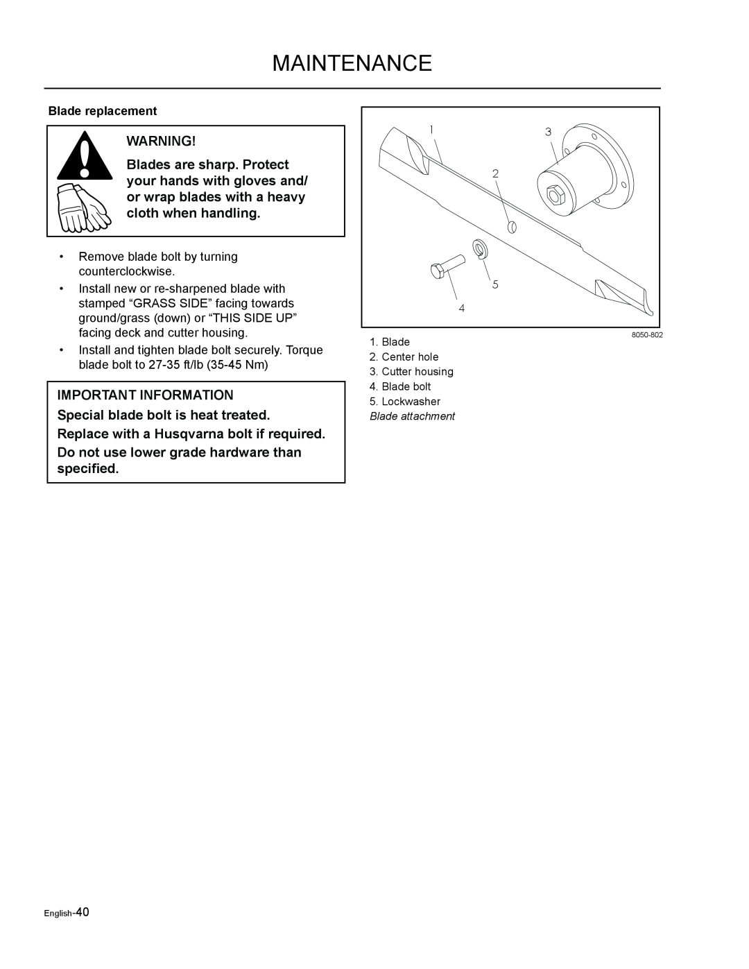 Husqvarna EZF 3417/ 965879301 manual Do not use lower grade hardware than specified, Maintenance, Blade replacement 