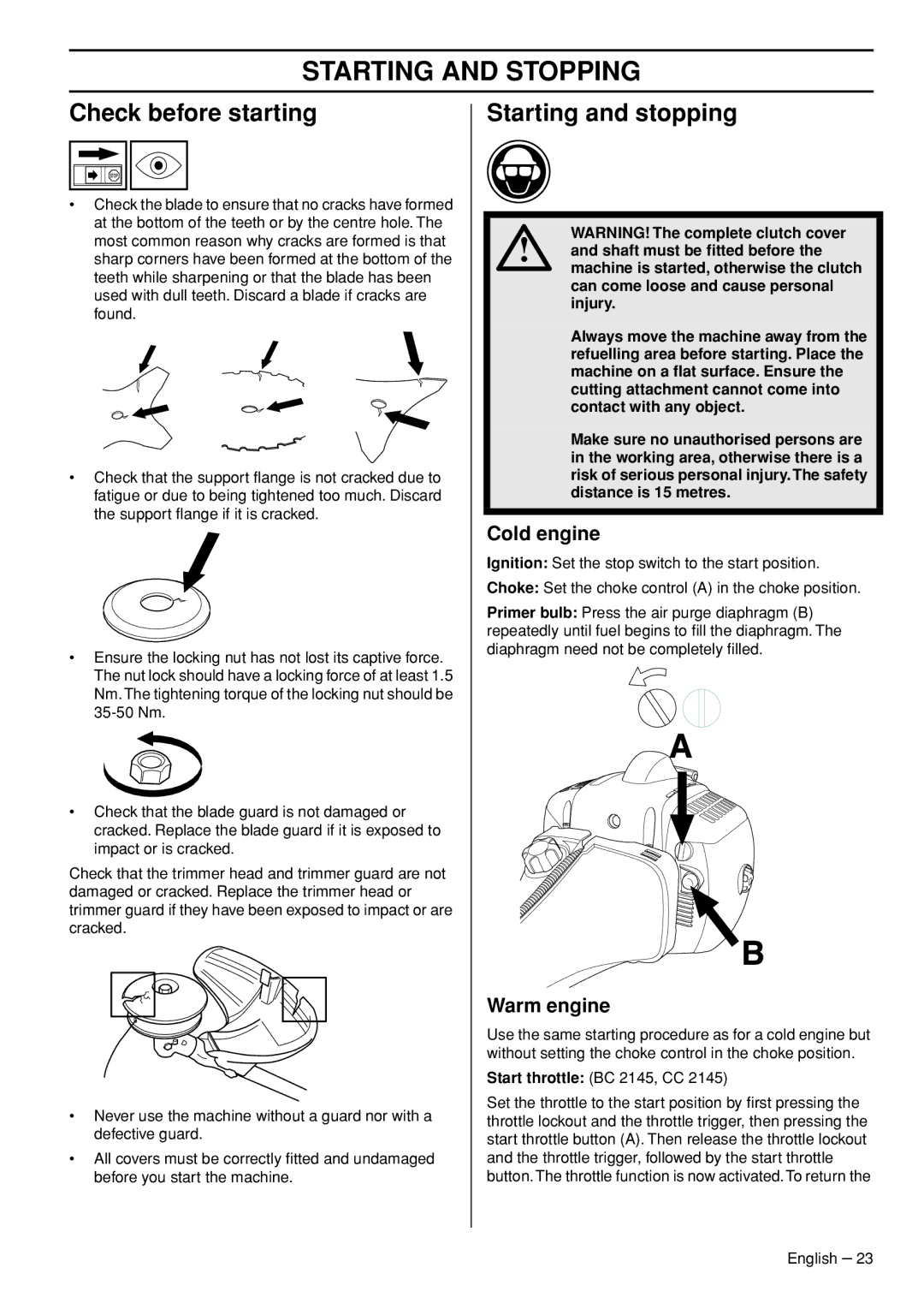 Husqvarna CC2145, FC2145W Starting and Stopping, Check before starting, Starting and stopping, Cold engine, Warm engine 