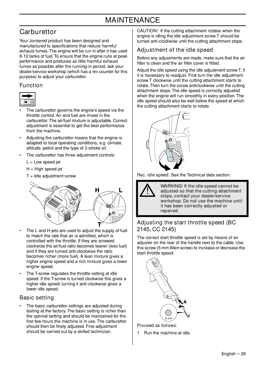 Husqvarna BC2145, FC2145W, FC2145S, CC2145 manual Maintenance, Carburettor 