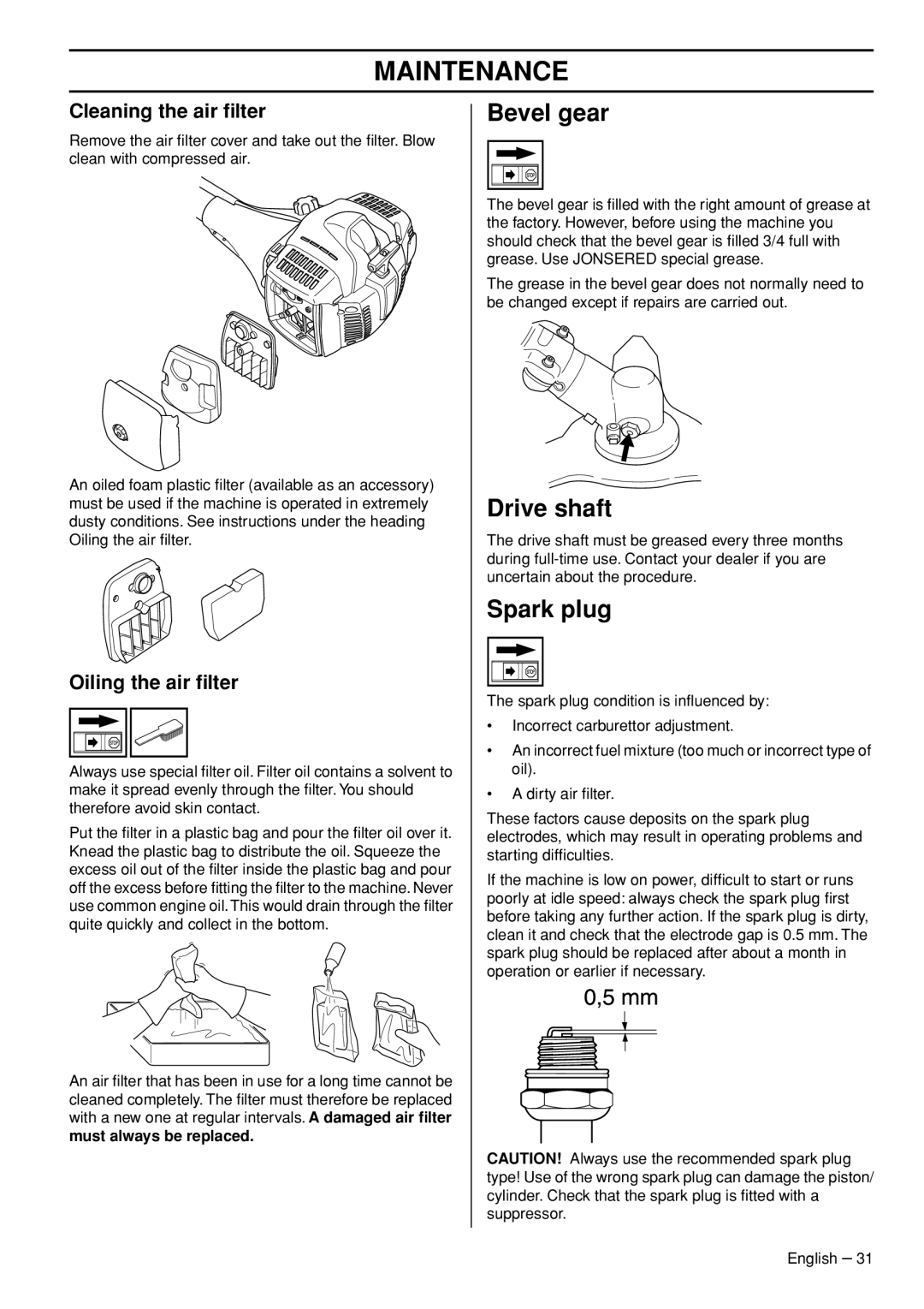 Husqvarna FC2145S, FC2145W, CC2145, BC2145 Bevel gear, Drive shaft, Spark plug, Cleaning the air ﬁlter, Oiling the air ﬁlter 