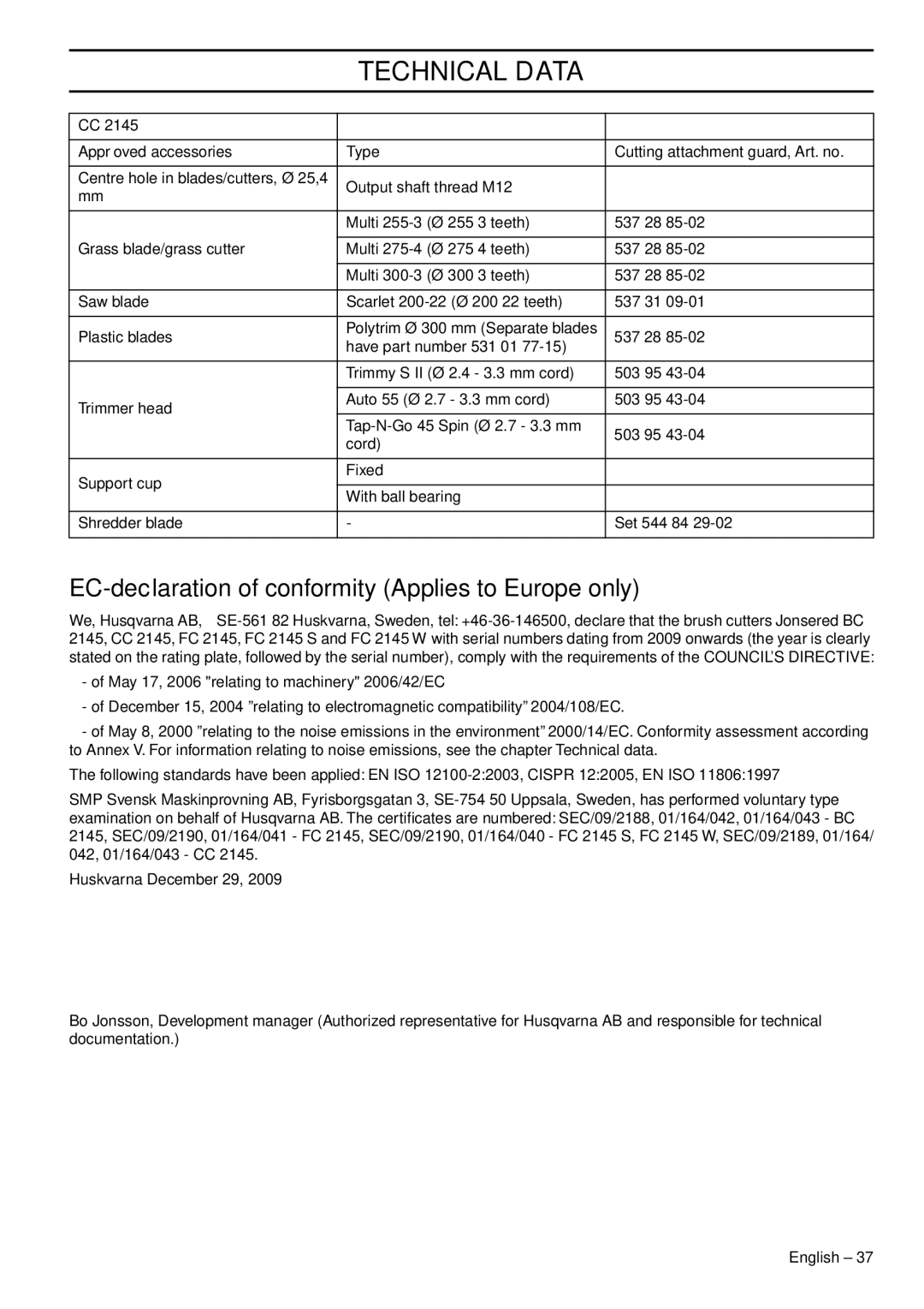 Husqvarna FC2145W, FC2145S, CC2145, BC2145 manual EC-declaration of conformity Applies to Europe only 