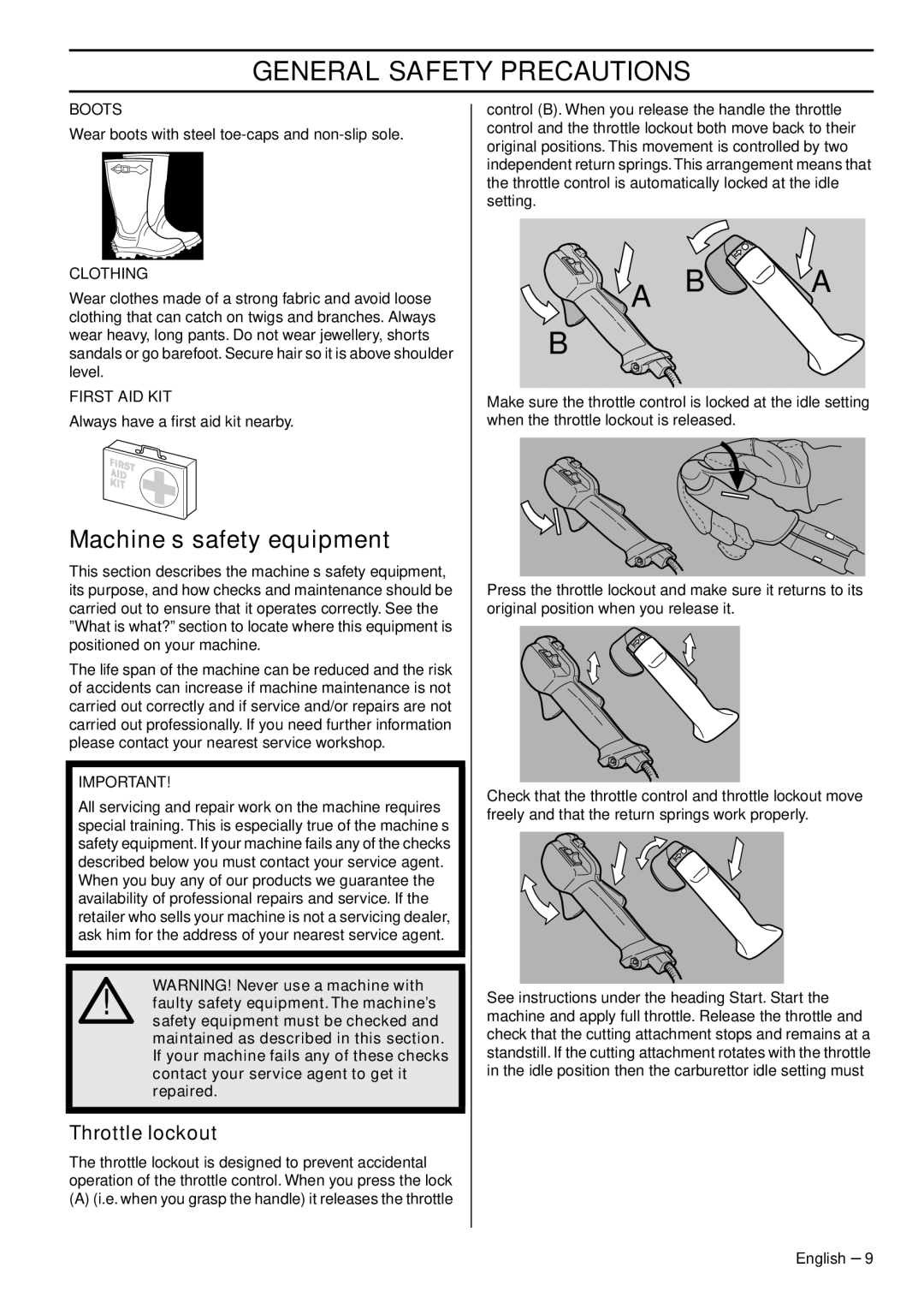 Husqvarna BC2145, FC2145W, FC2145S, CC2145 manual Machine′s safety equipment, Throttle lockout 