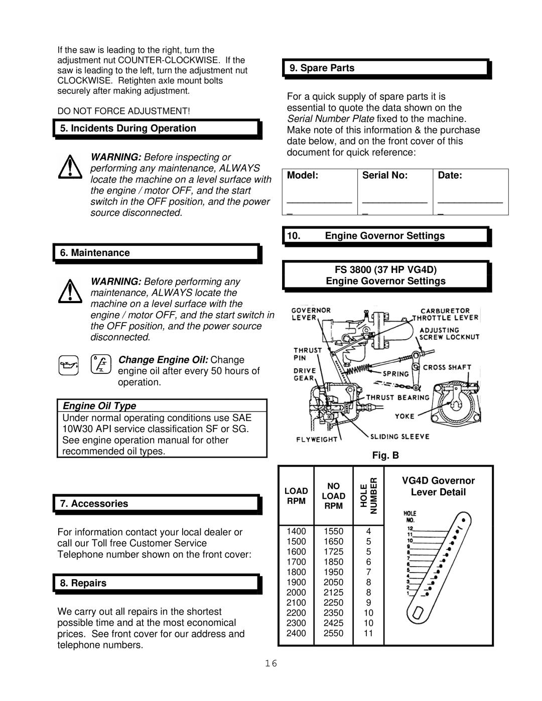 Husqvarna FS 3800, FS 6500 manual Incidents During Operation Maintenance, Spare Parts, Repairs, VG4D Governor 