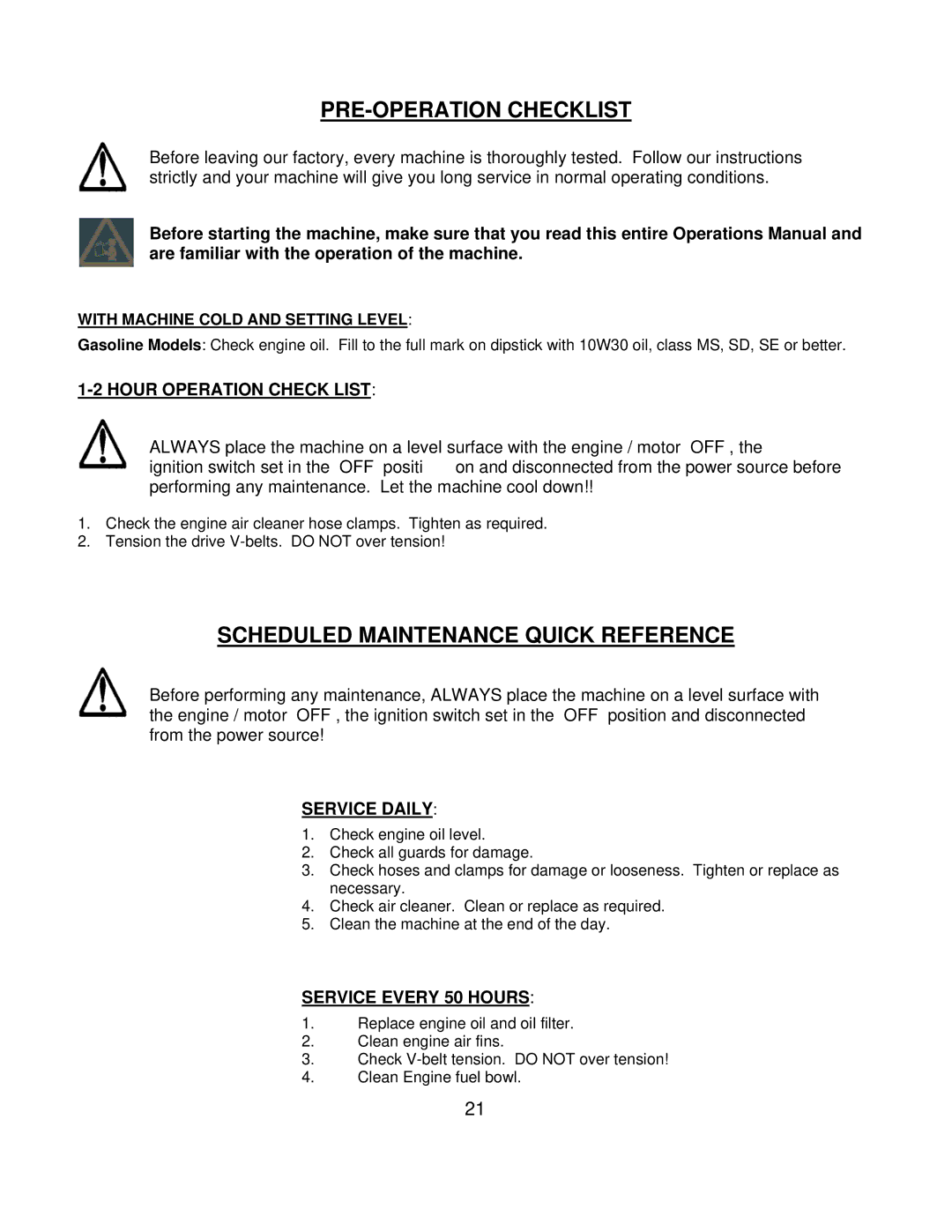 Husqvarna FS 6500, FS 3800 manual PRE-OPERATION Checklist, With Machine Cold and Setting Level 