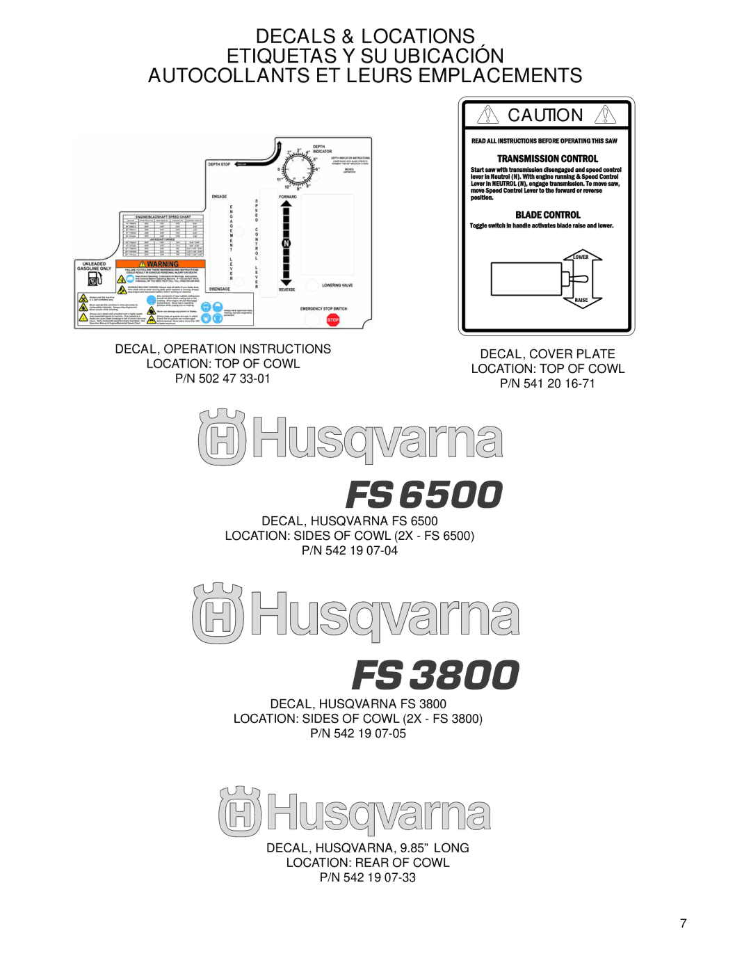 Husqvarna FS 6500 manual DECAL, Operation Instructions DECAL, Cover Plate, DECAL, Husqvarna FS, DECAL, HUSQVARNA, 9.85 Long 