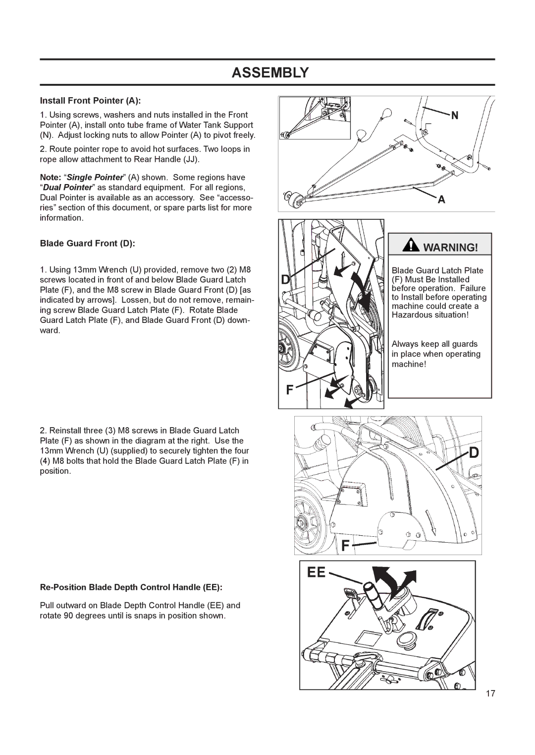 Husqvarna FS 413 manual Install Front Pointer a, Blade Guard Front D, Re-Position Blade Depth Control Handle EE 