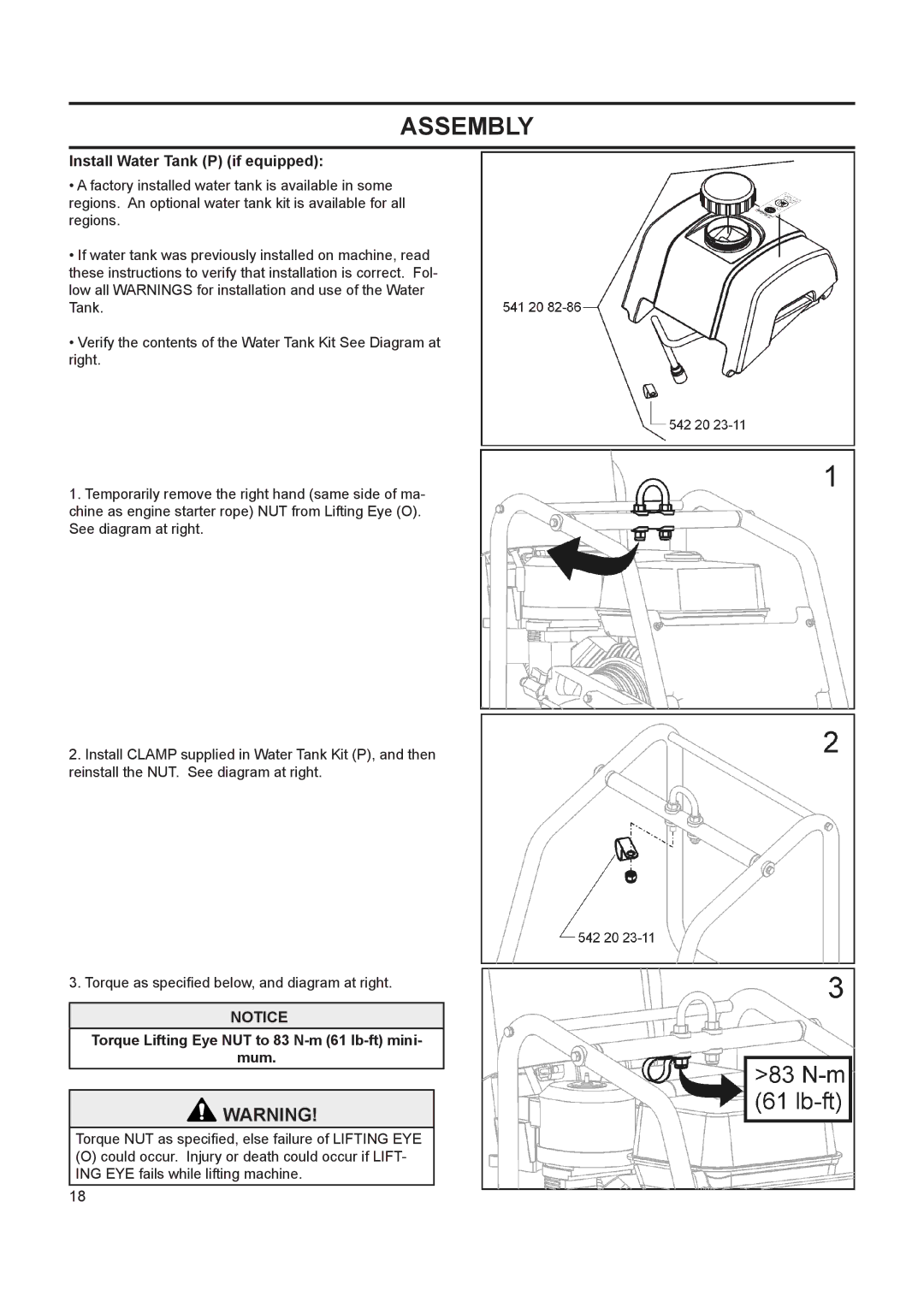 Husqvarna FS 413 manual Install Water Tank P if equipped, Torque Lifting Eye NUT to 83 N-m 61 lb-ft mini Mum 