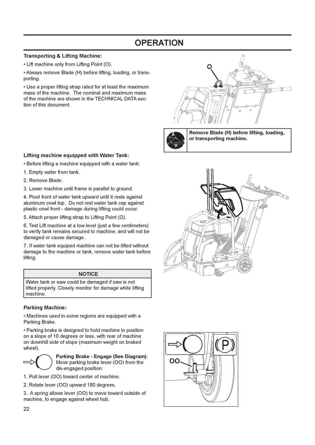 Husqvarna FS 413 manual Transporting & Lifting Machine, Lifting machine equipped with Water Tank, Parking Machine 