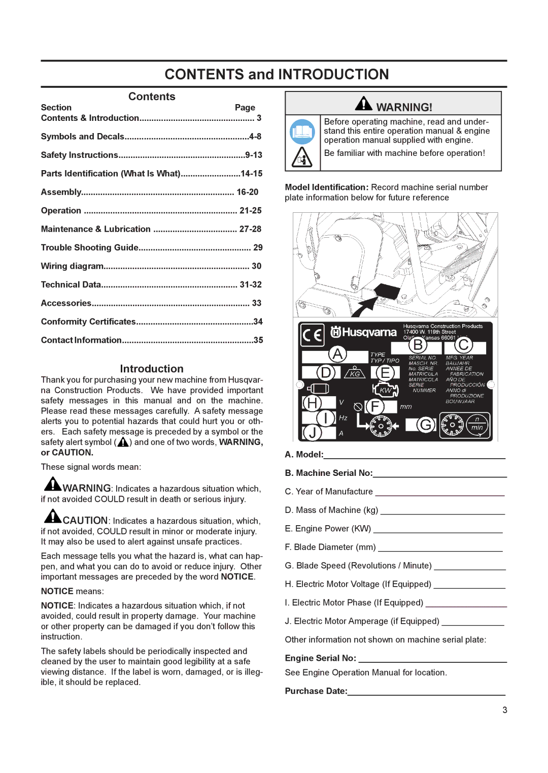 Husqvarna FS 413 manual Contents and Introduction 