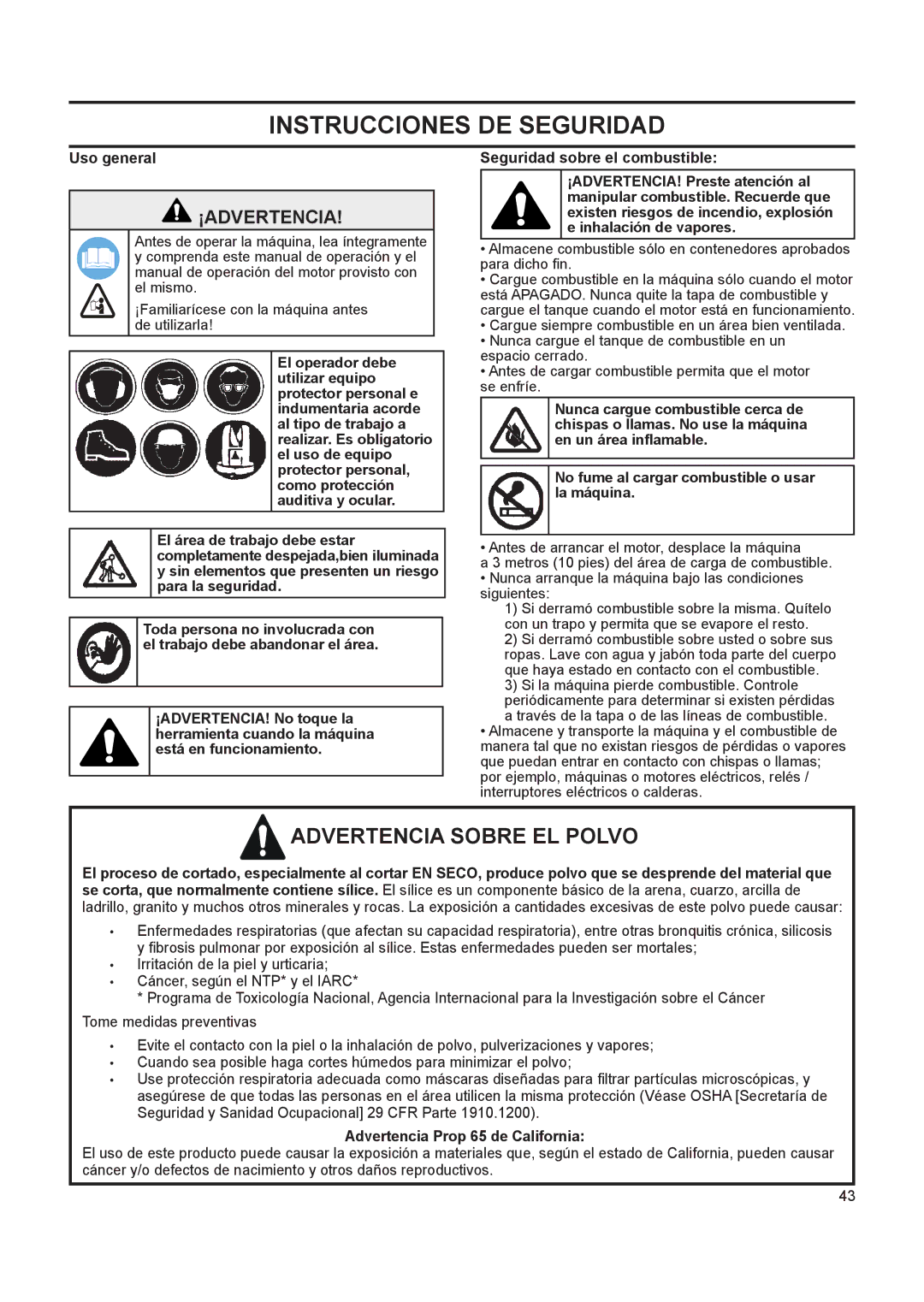 Husqvarna FS 413 Instrucciones DE Seguridad, Advertencia Sobre EL Polvo, Uso general, Advertencia Prop 65 de California 