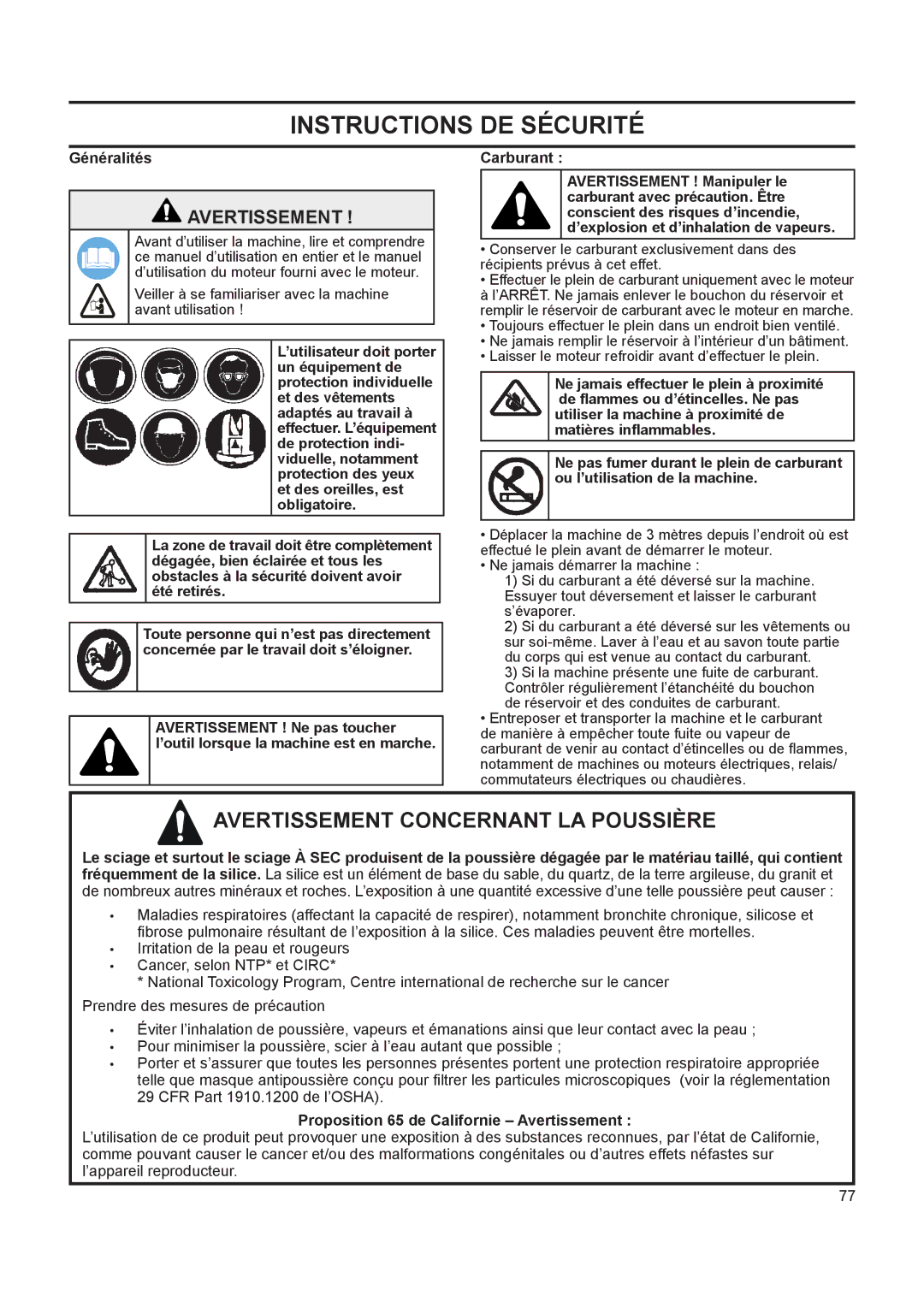 Husqvarna FS 413 manual Instructions DE Sécurité, Avertissement Concernant LA Poussière, Généralités, Carburant 