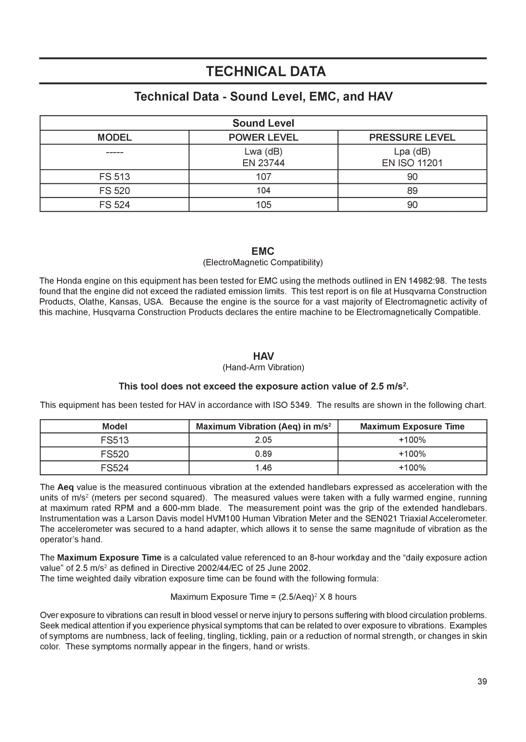 Husqvarna FS 524, FS 513, FS 520 Technical Data, Sound Level, Model Maximum Vibration Aeq in m/s Maximum Exposure Time 